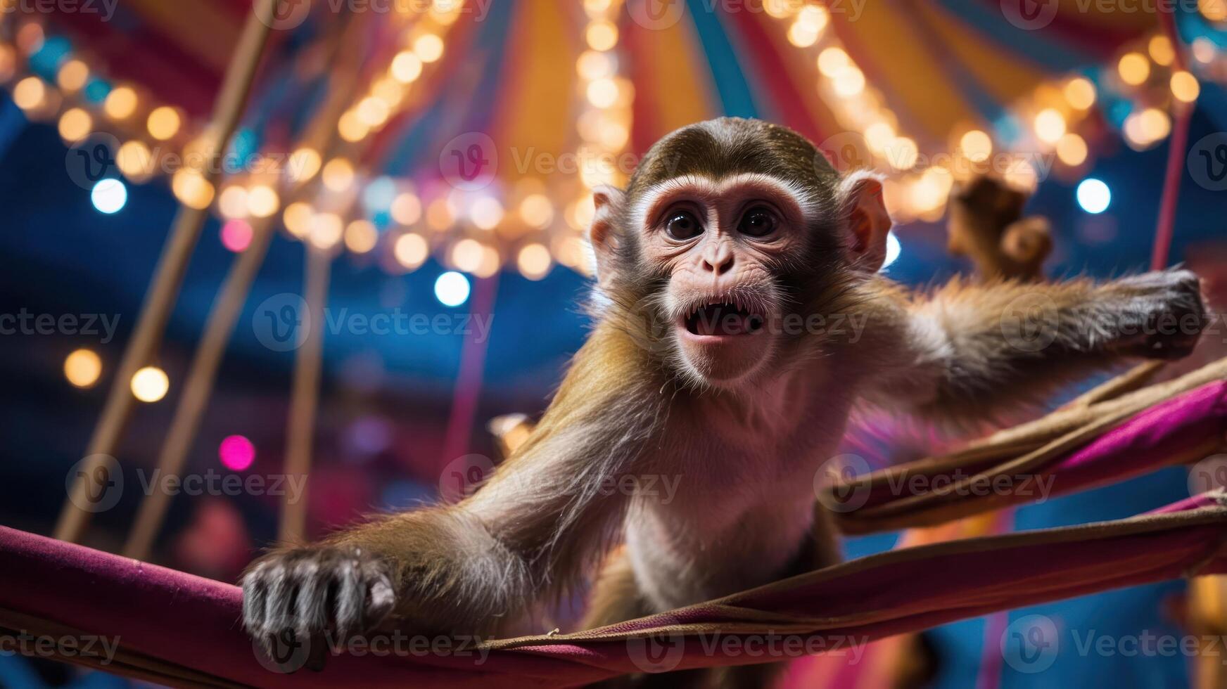 Monkey Climbing Ropes Inside Tent with Lights, Looking Curious photo
