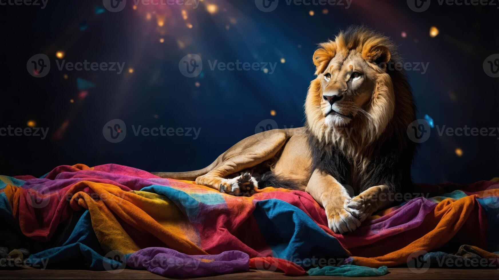 Lion Resting on Colorful Blanket Against Dark Mystical Sparkly Background photo