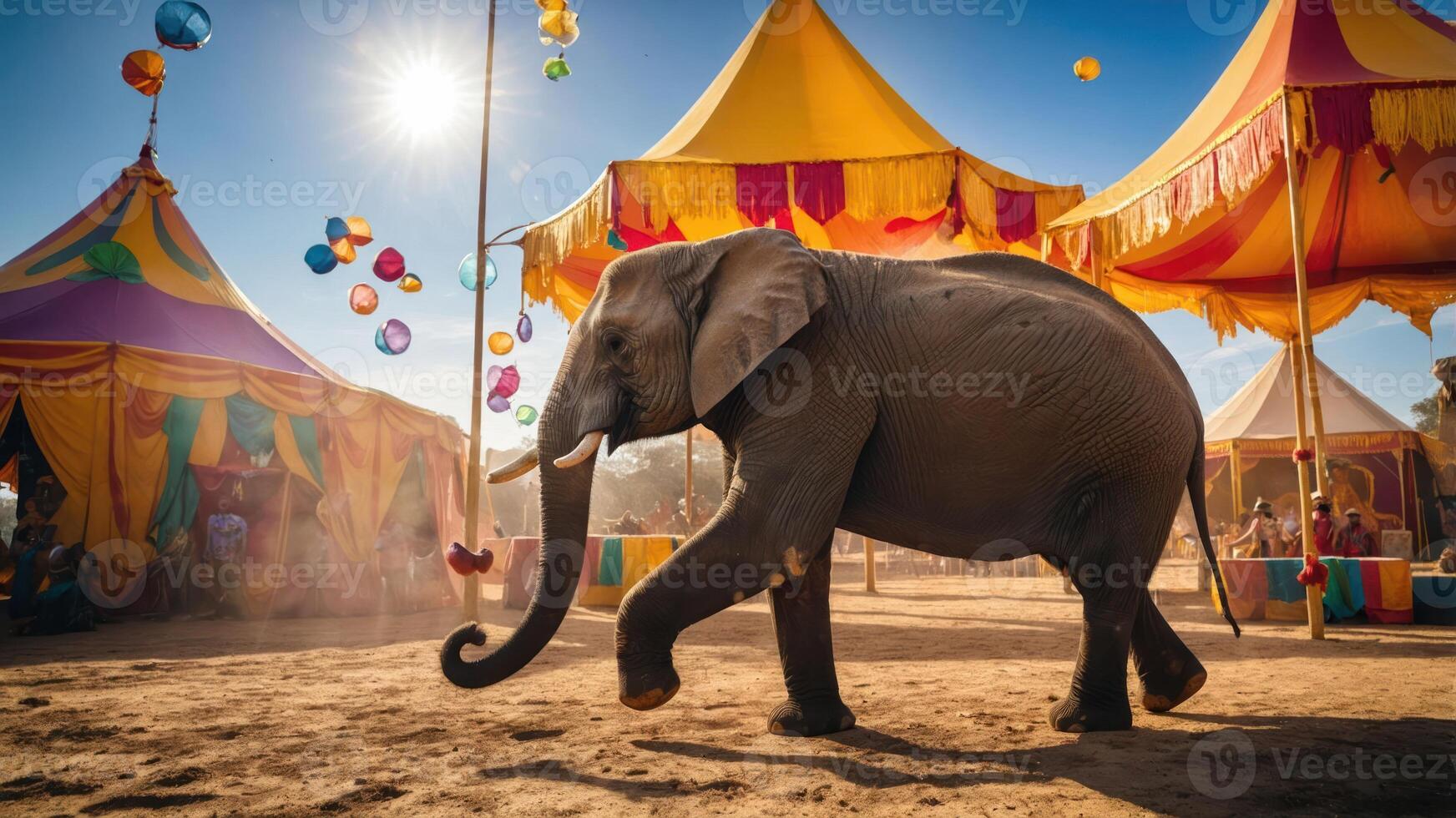 Elephant Walking Past Tents at an Outdoor Event Under Blue Sky photo