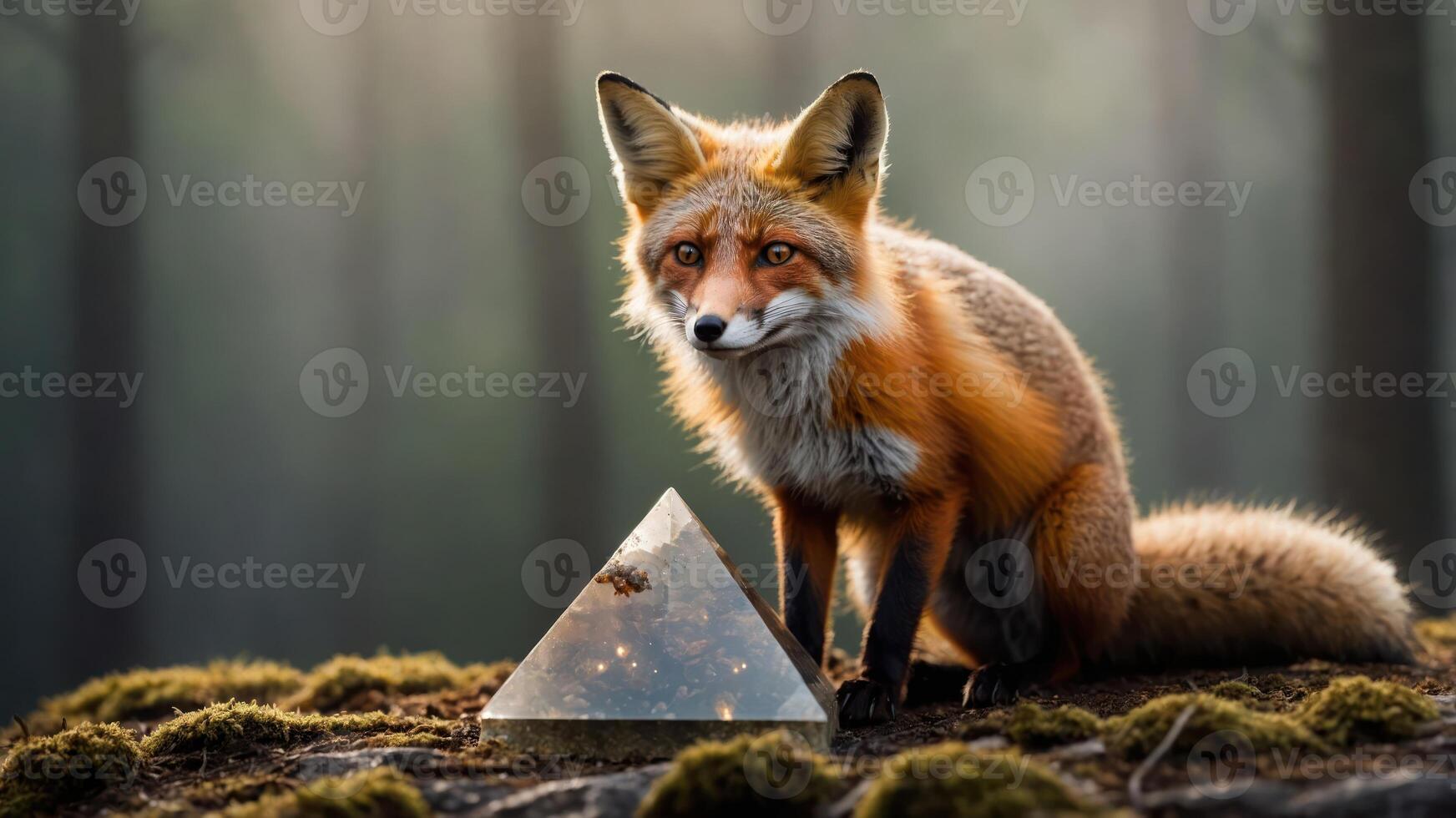 Red Fox Observing a Reflective Pyramid in a Foggy Forest photo