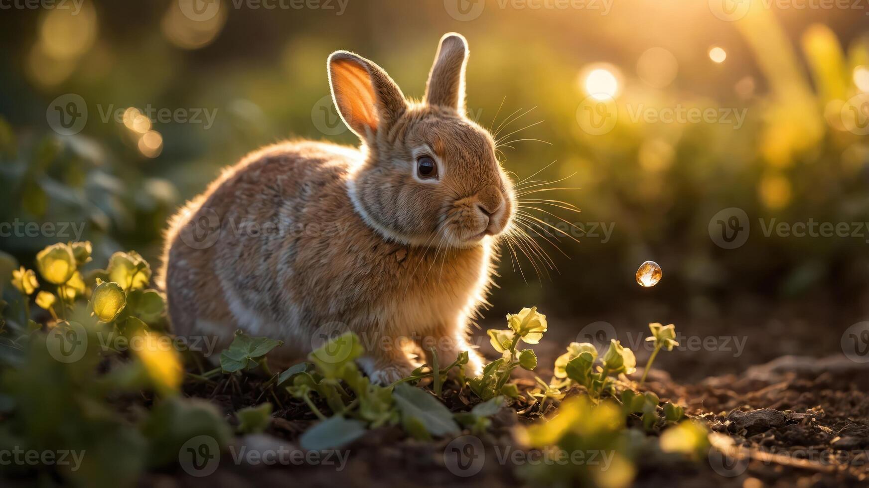 Rabbit Sitting in Garden at Sunset with Soft Warm Light photo