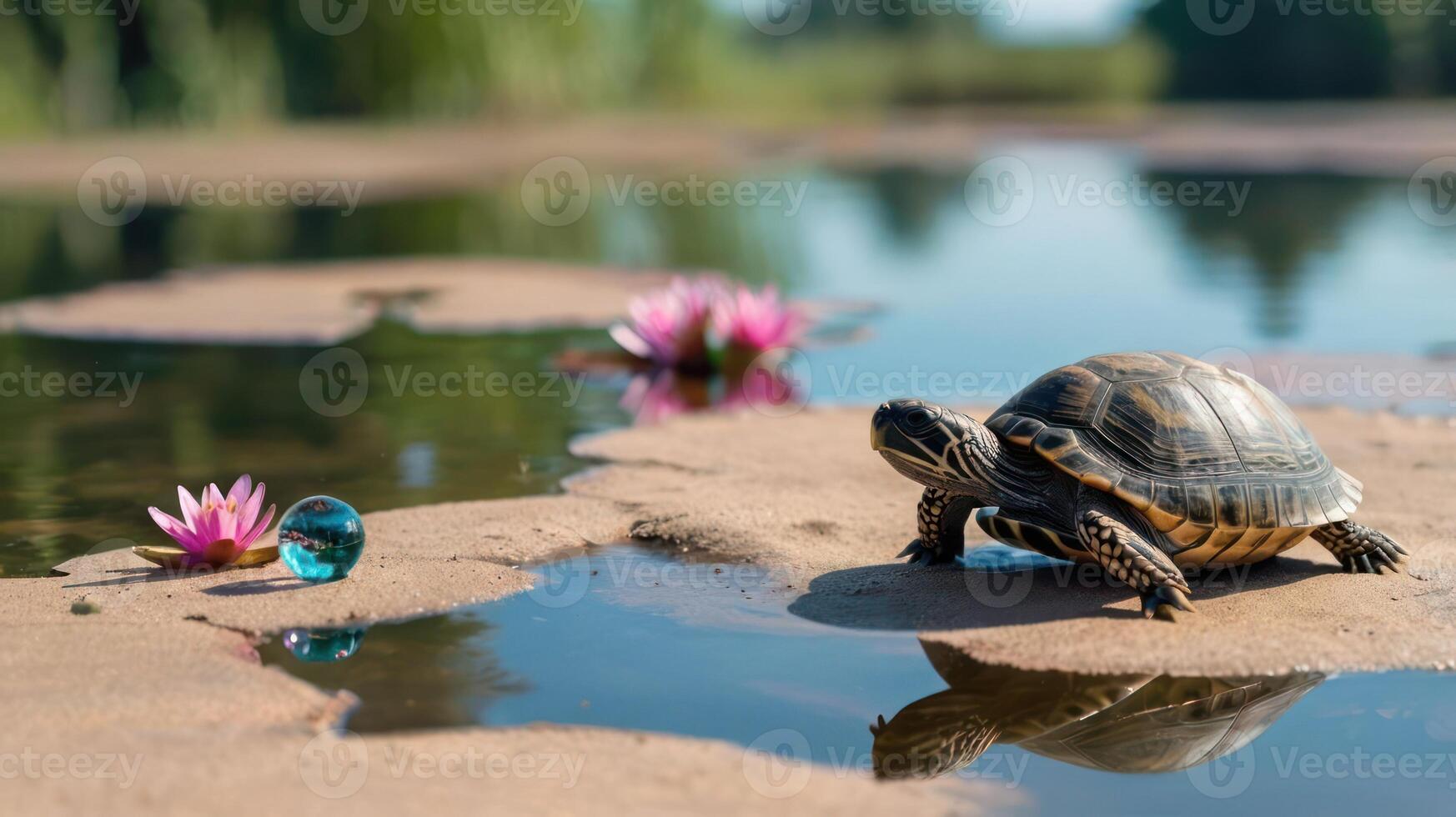 Turtle on Sand by Pond with Water Lilies in Daylight photo