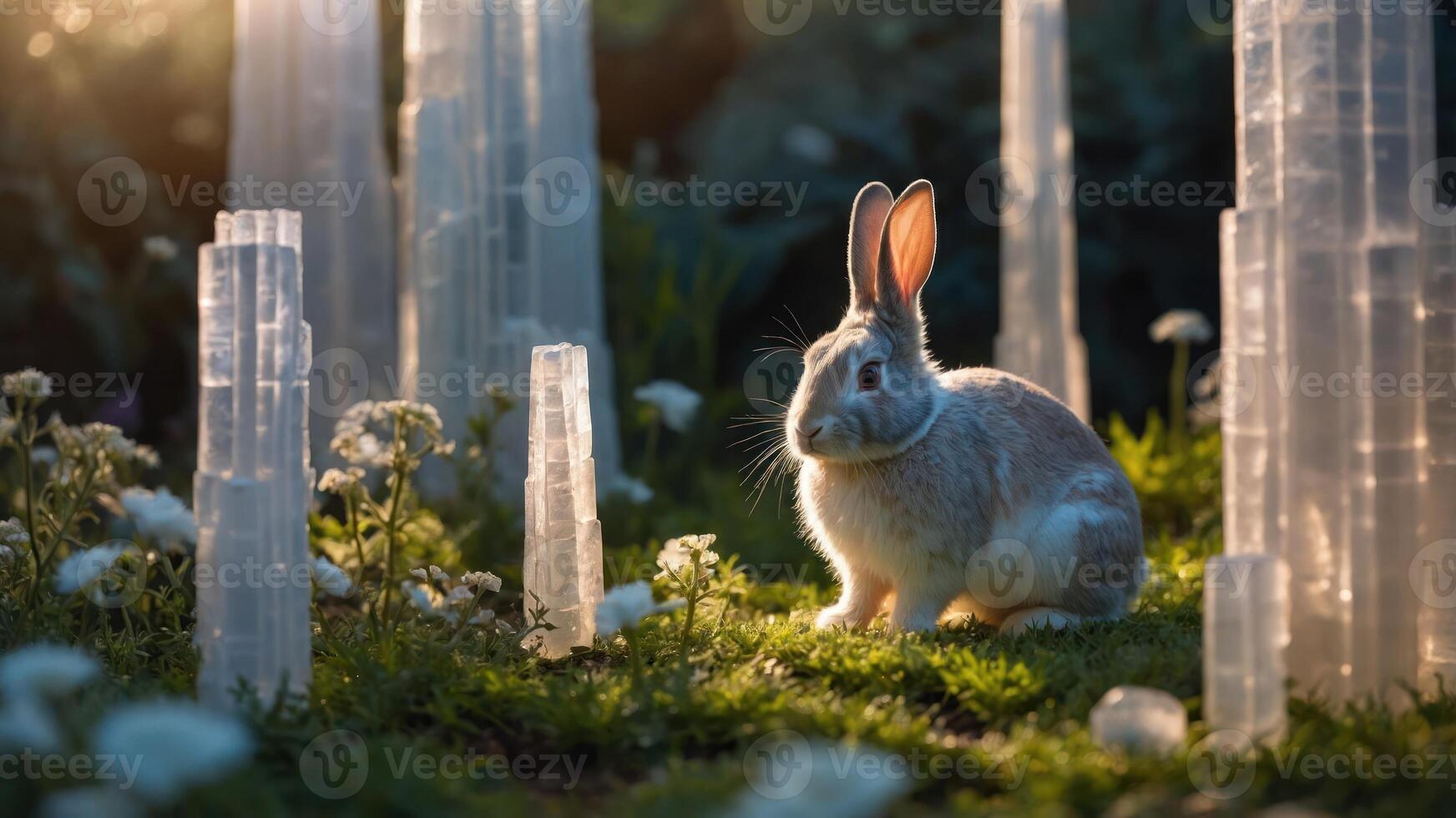 Rabbit Sitting in Grassy Field with White Flowers and Light photo