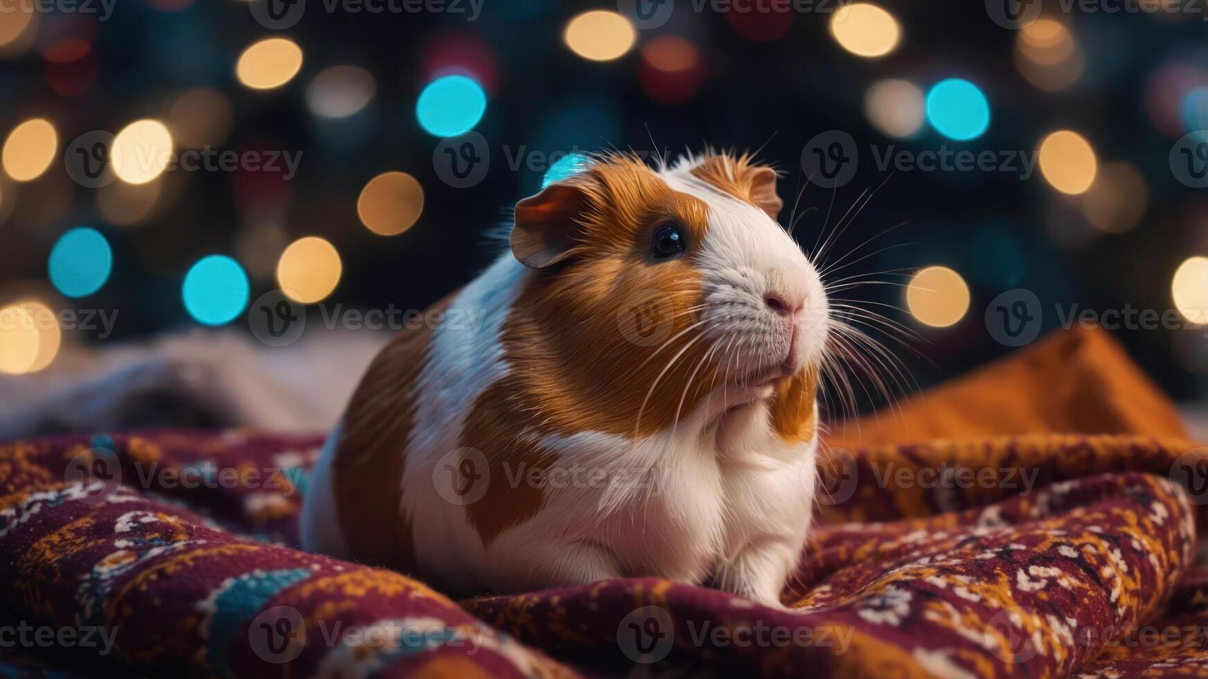Guinea Pig Sitting on Patterned Blanket with Bokeh Light Background photo