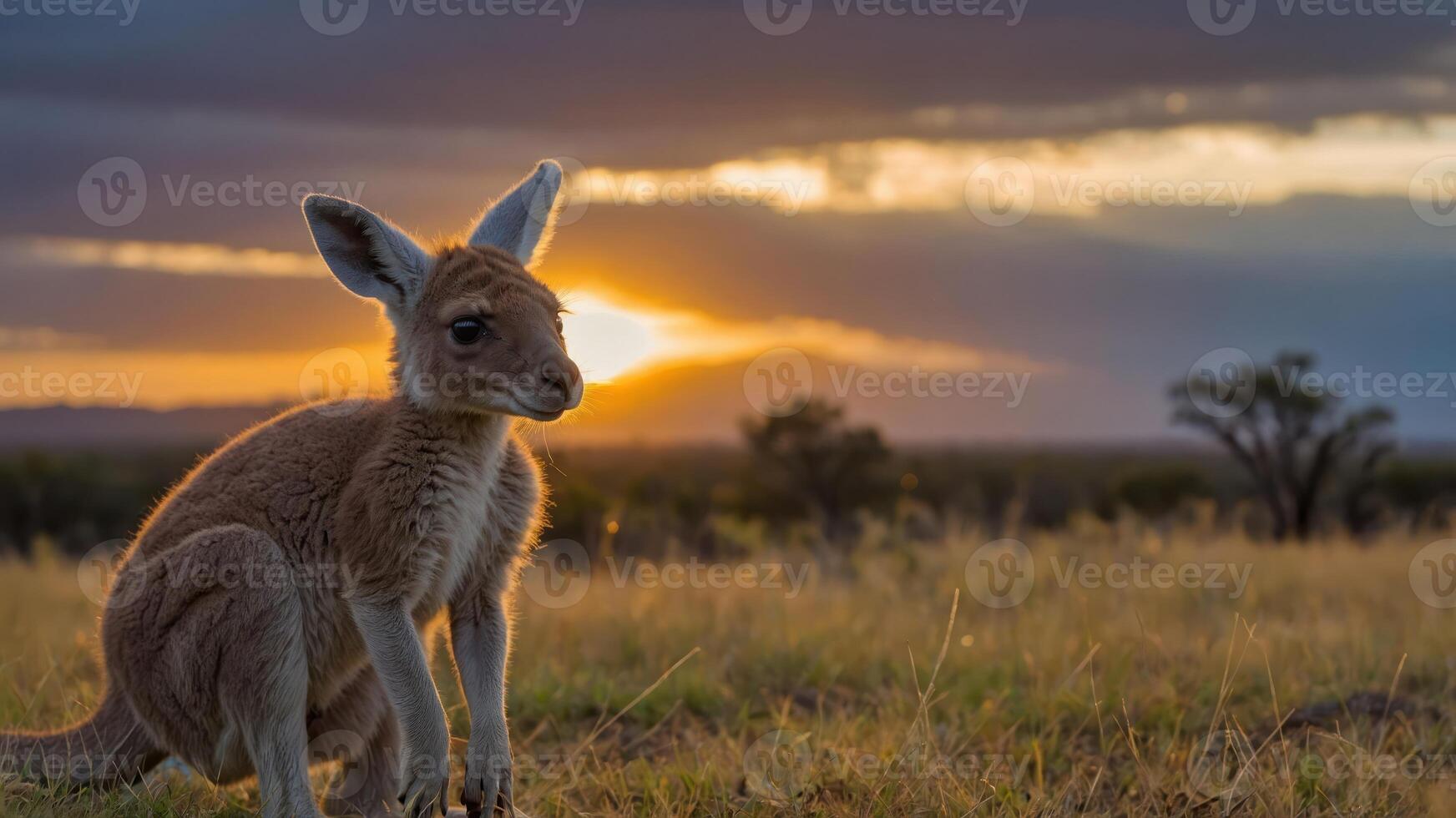 Kangaroo Joey Sitting in Field During Dramatic Sunset Landscape photo