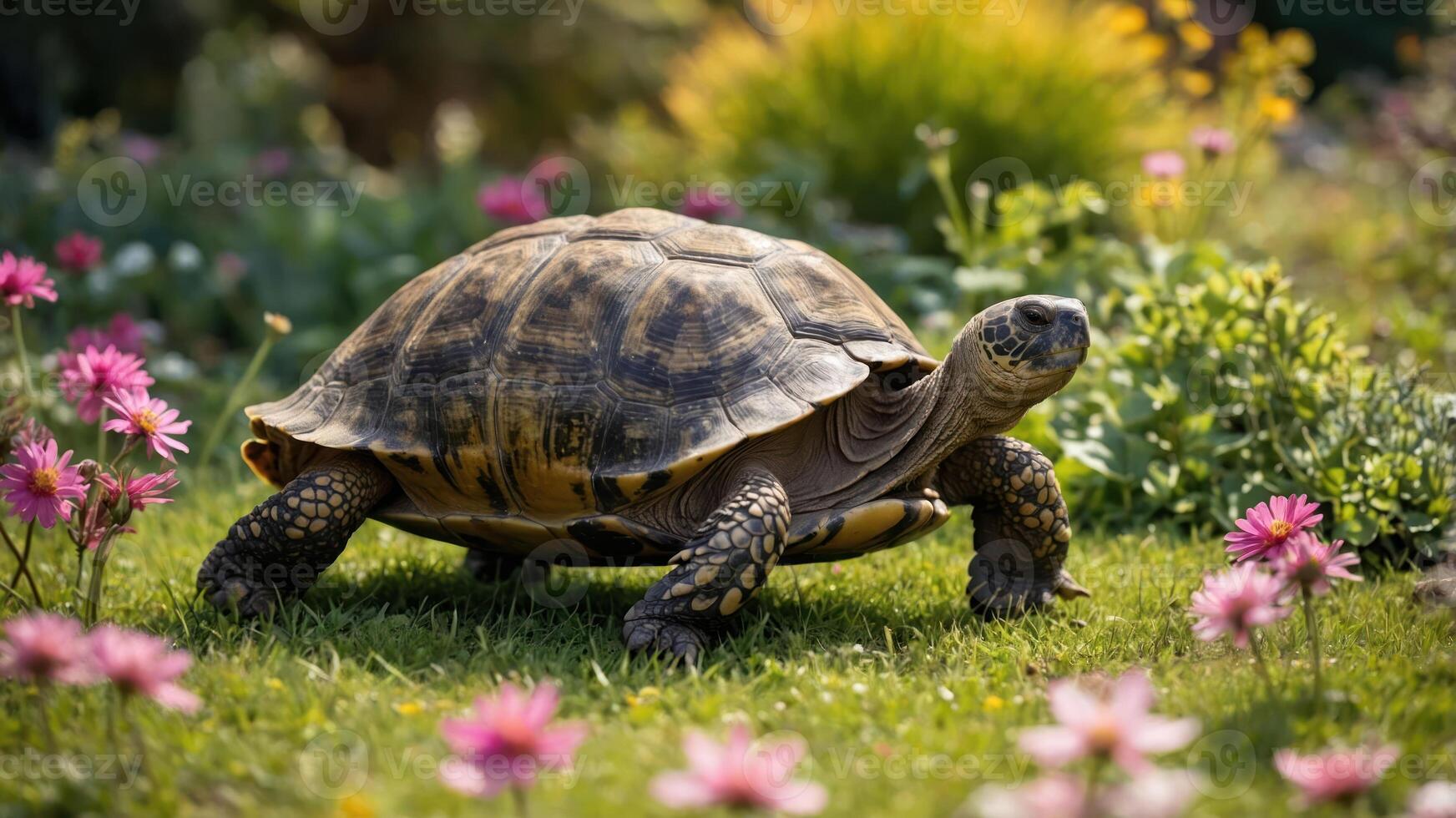 Turtle Walking Through Meadow with Pink Flowers on Sunny Day photo