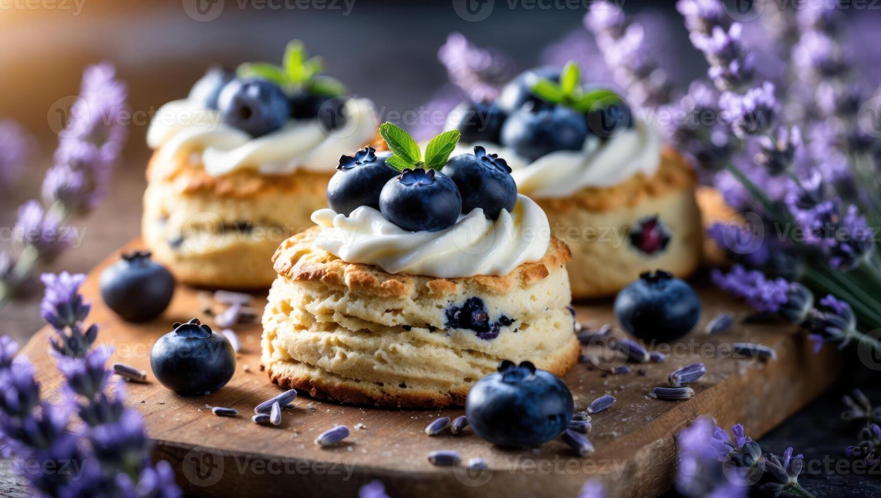 Blueberry Scones with Cream and Lavender on a Wooden Board photo