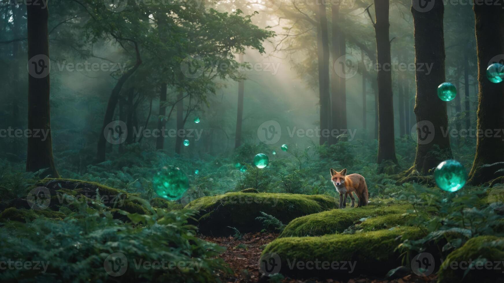 Fox Standing in a Mystical Forest with Glowing Orbs Around photo