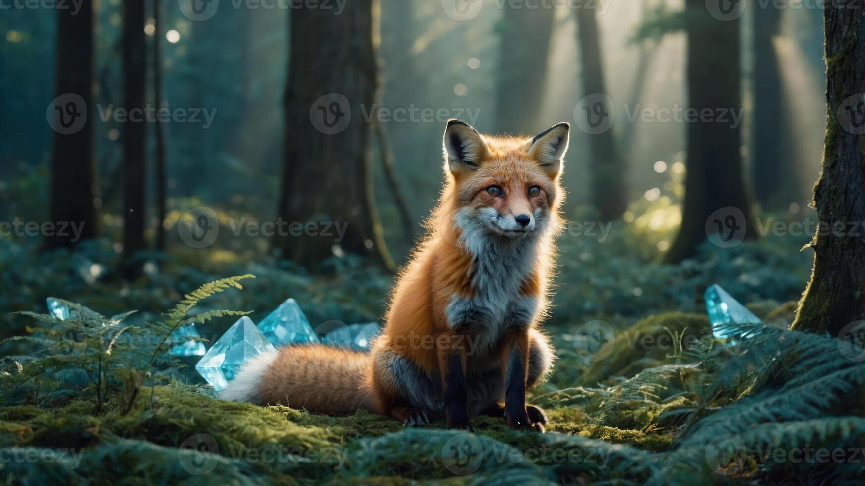 Fox Sitting Among Crystals in a Forest with Sunlight Filtering Through photo