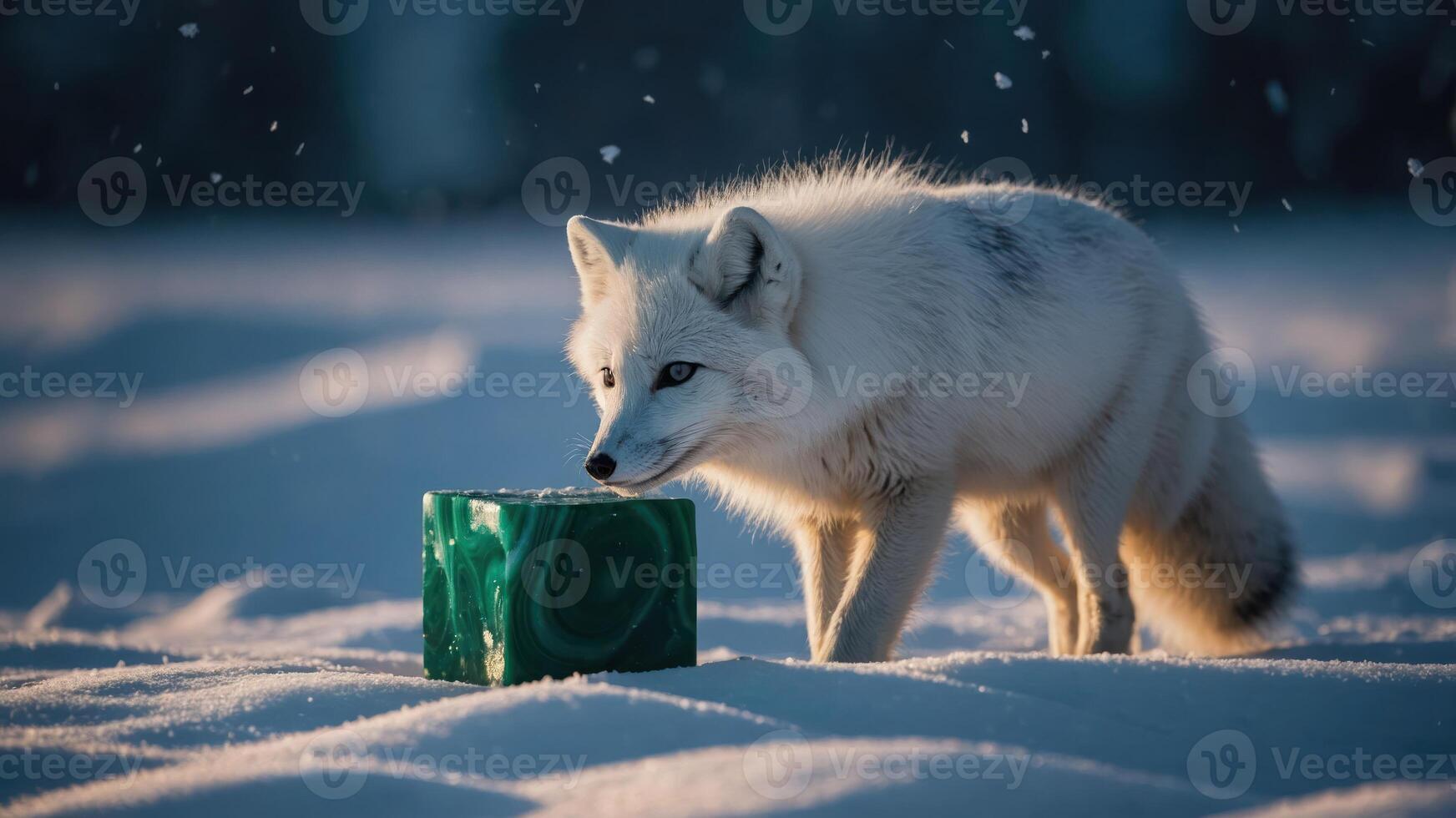 White Fox Sniffing a Green Cube in Snowy Landscape photo