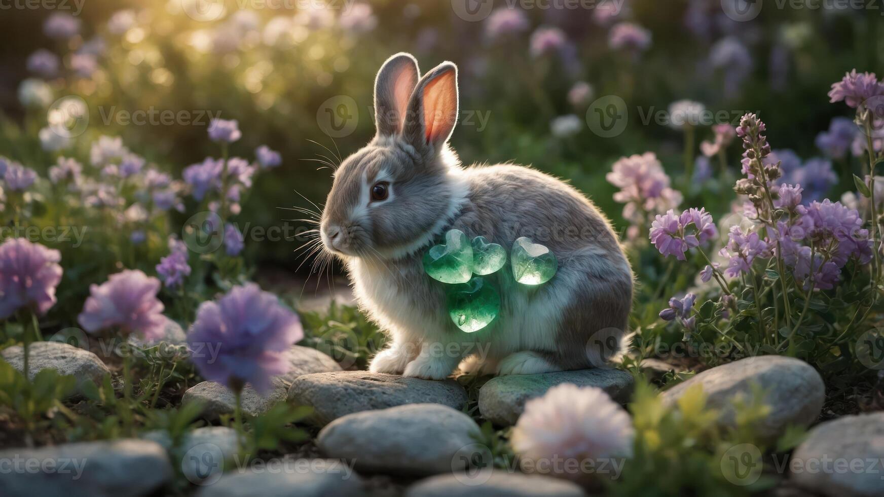 Rabbit Sitting Among Flowers with Green Crystals in Garden Setting photo