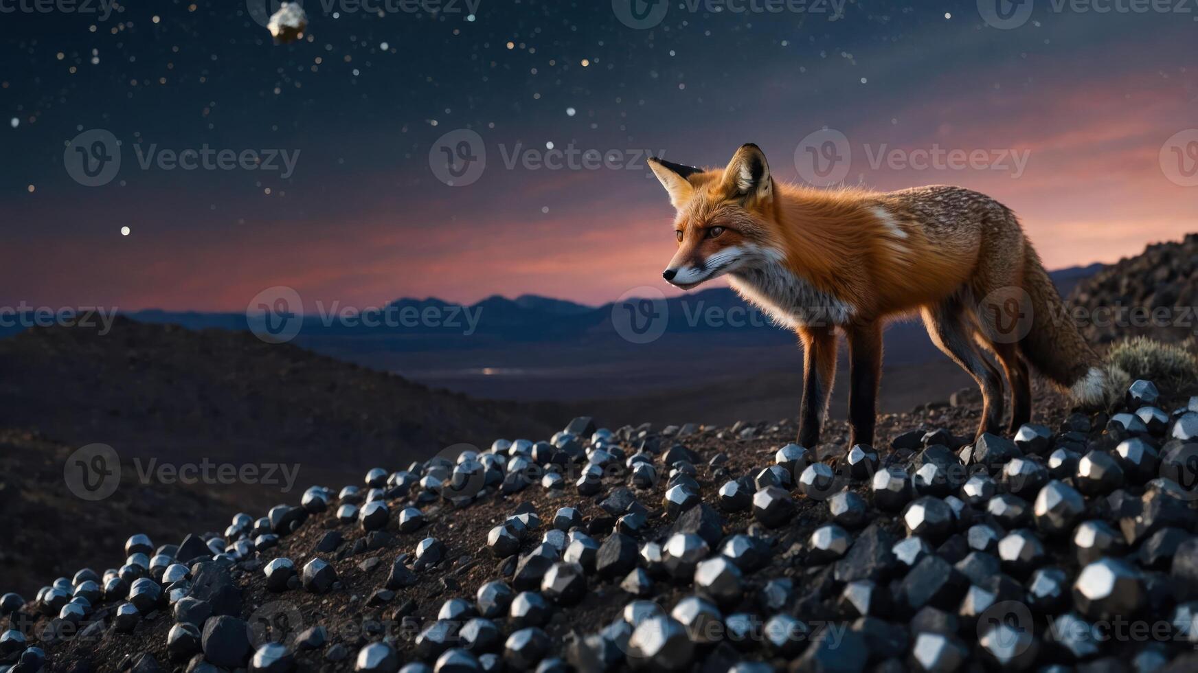 Fox Standing on Rocky Hill at Night Under Starry Skies photo