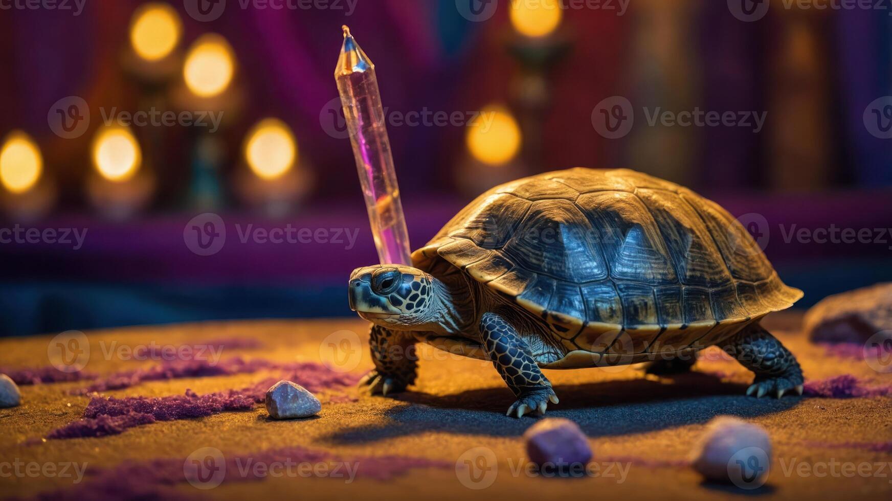 Turtle Walking with Crystal Point on Shell in Magical Ambiance photo