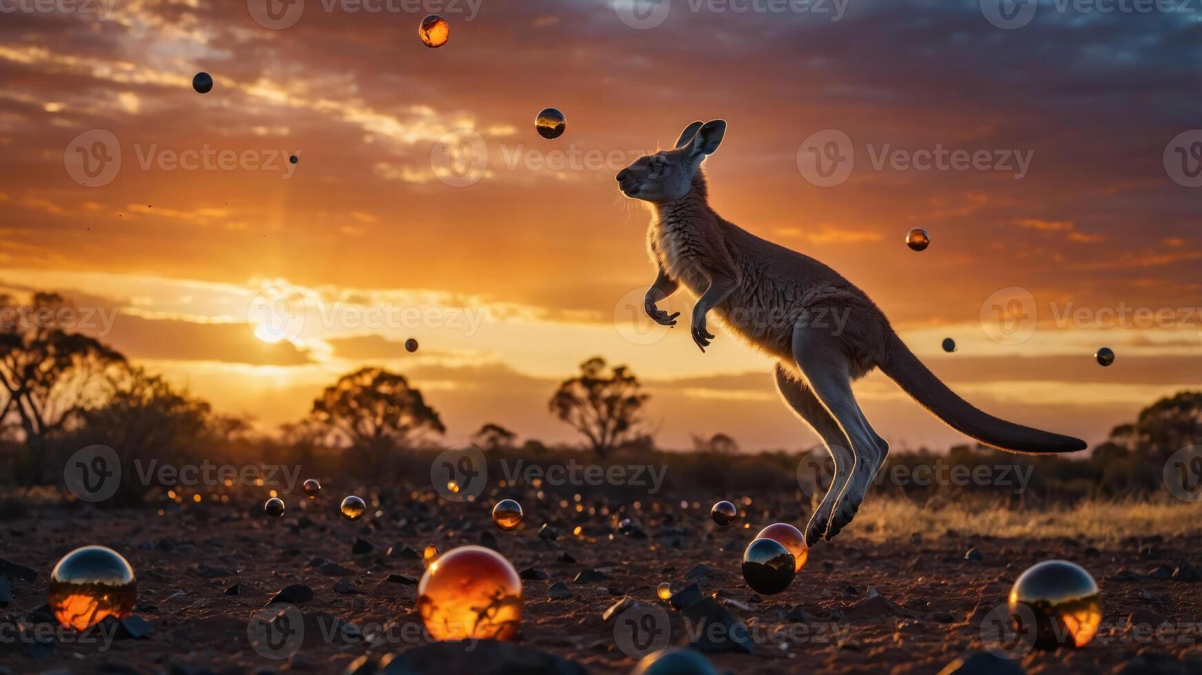 Kangaroo Jumping at Sunset with Floating Spheres in Australian Outback photo