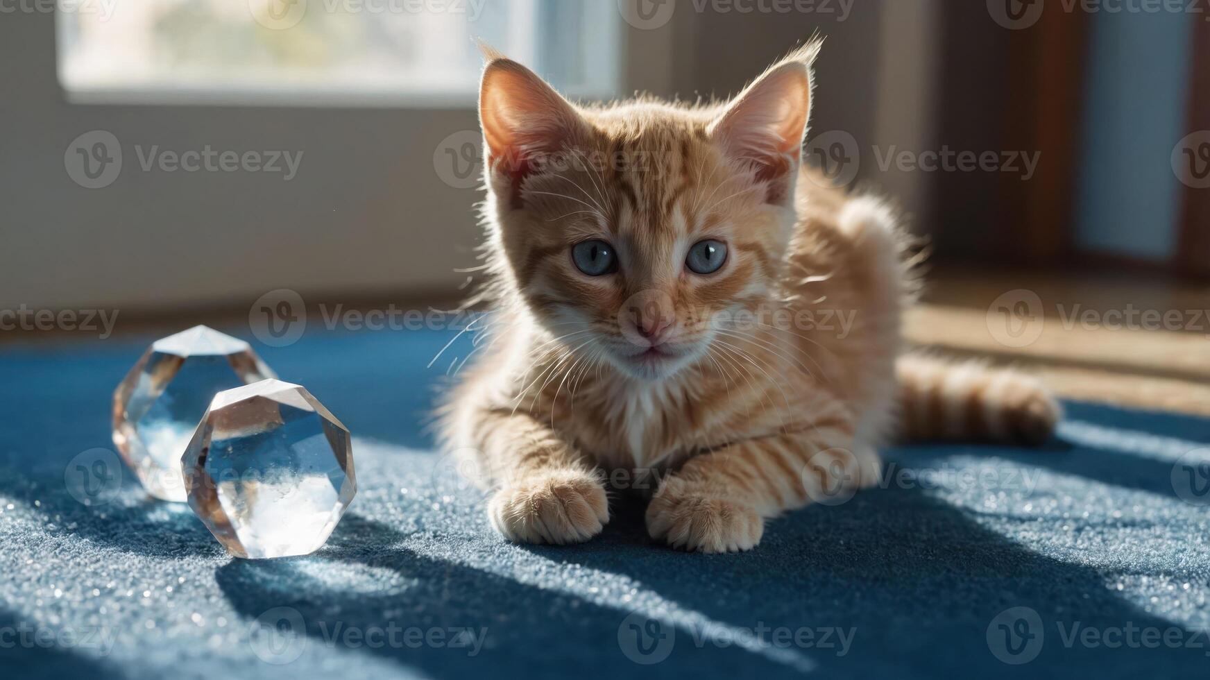 Ginger Kitten Laying on Blue Carpet Near Glass Spheres photo