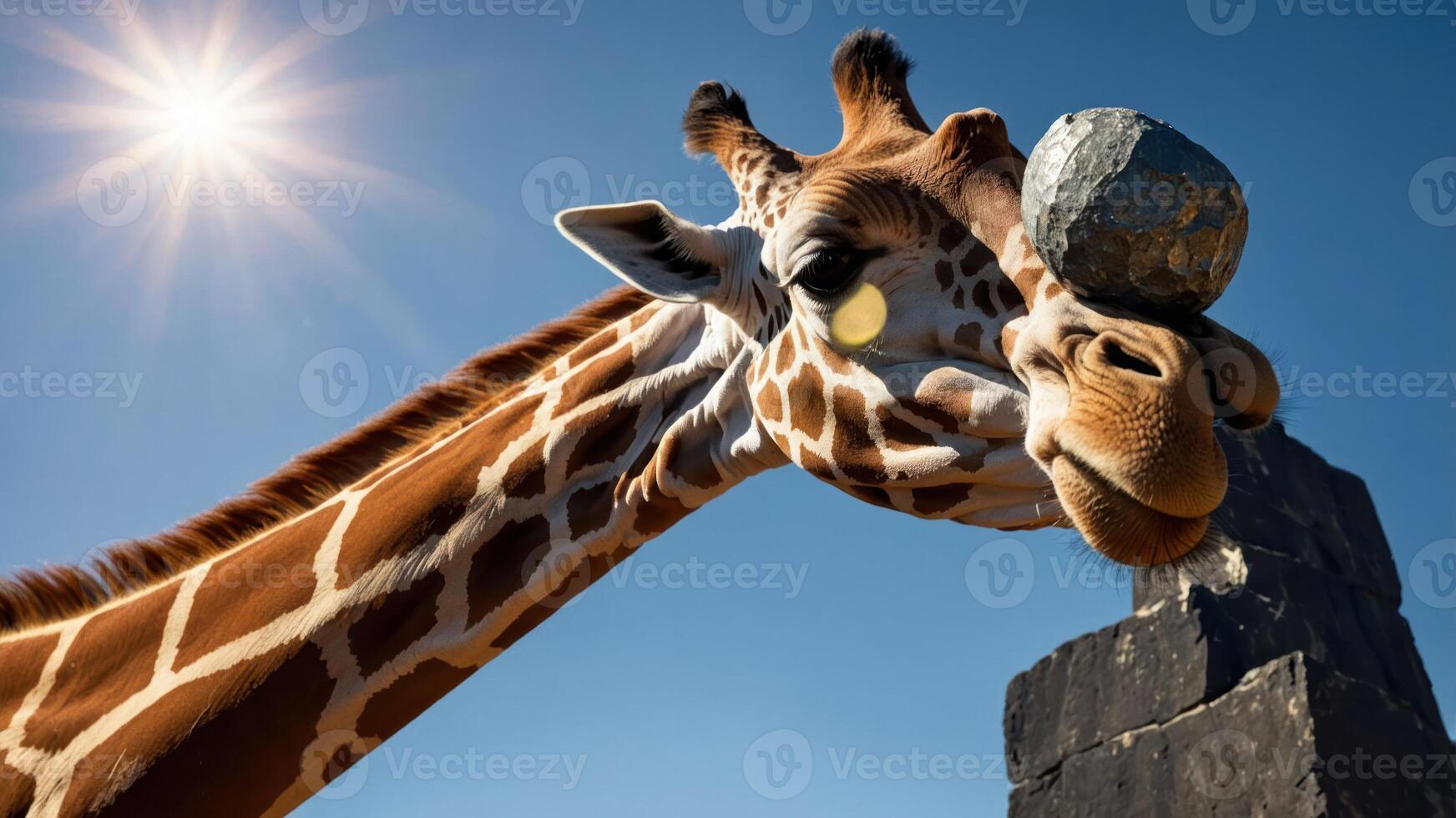 Giraffe Head Close-up Under Clear Blue Sky with Bright Sunlight photo
