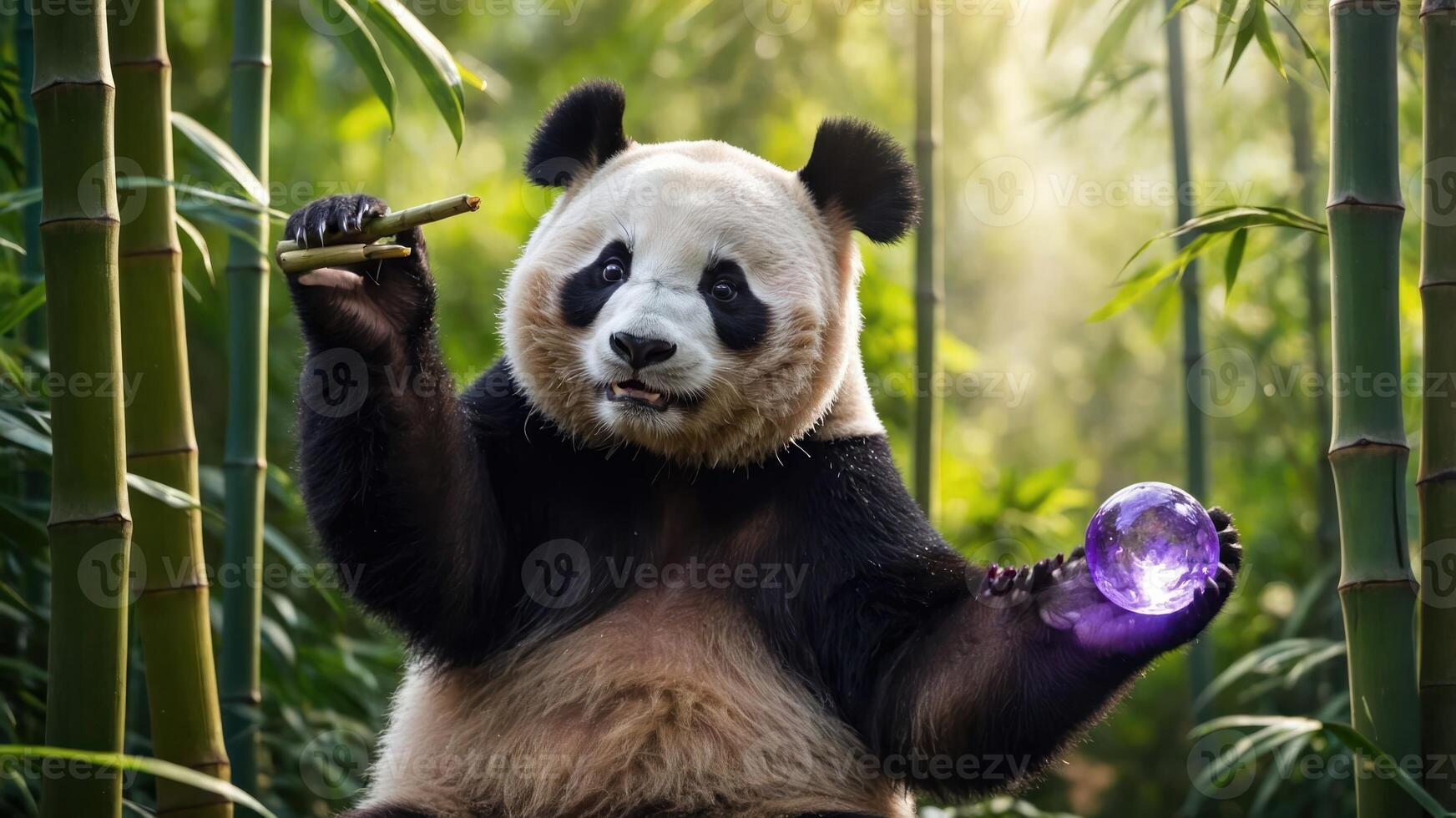 Panda Holding Bamboo and Sphere Surrounded by Bamboo Forest photo