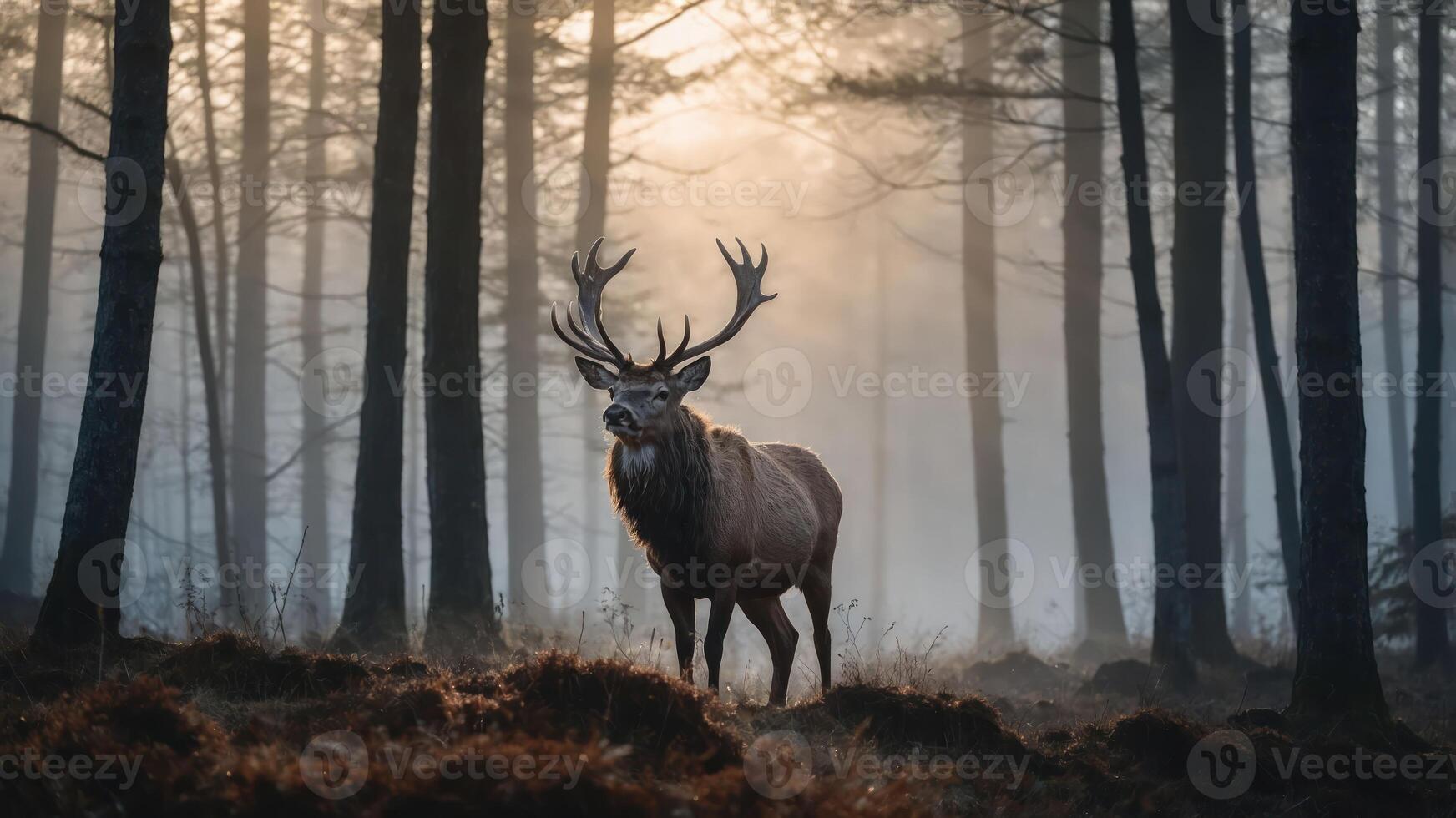 Deer Standing in Foggy Forest at Sunrise with Majestic Antlers photo