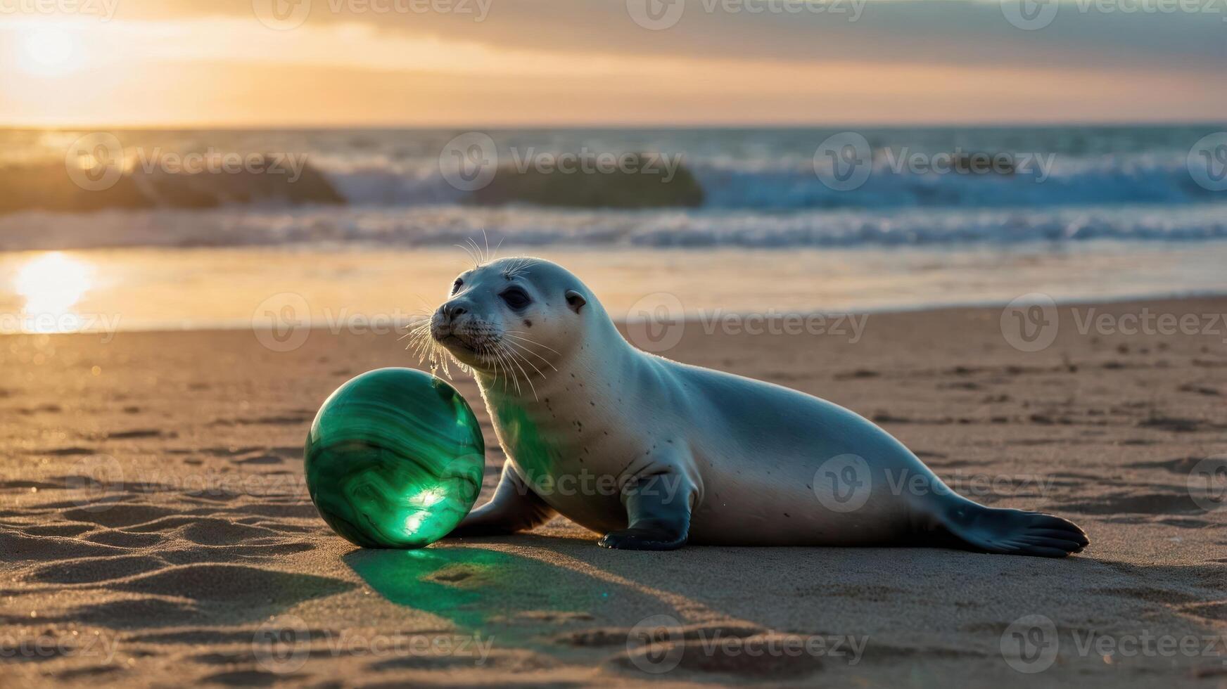 Seal Pup Resting on Beach Next to Glowing Green Ball at Sunset photo