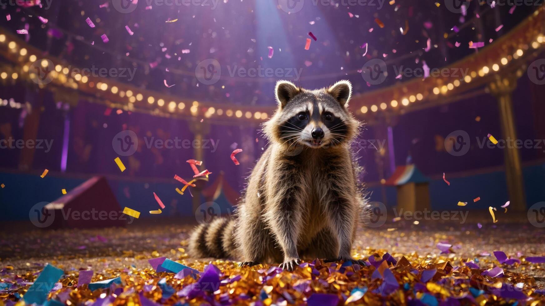 Raccoon at a Circus Celebration Among Colorful Confetti, Under Spotlight photo