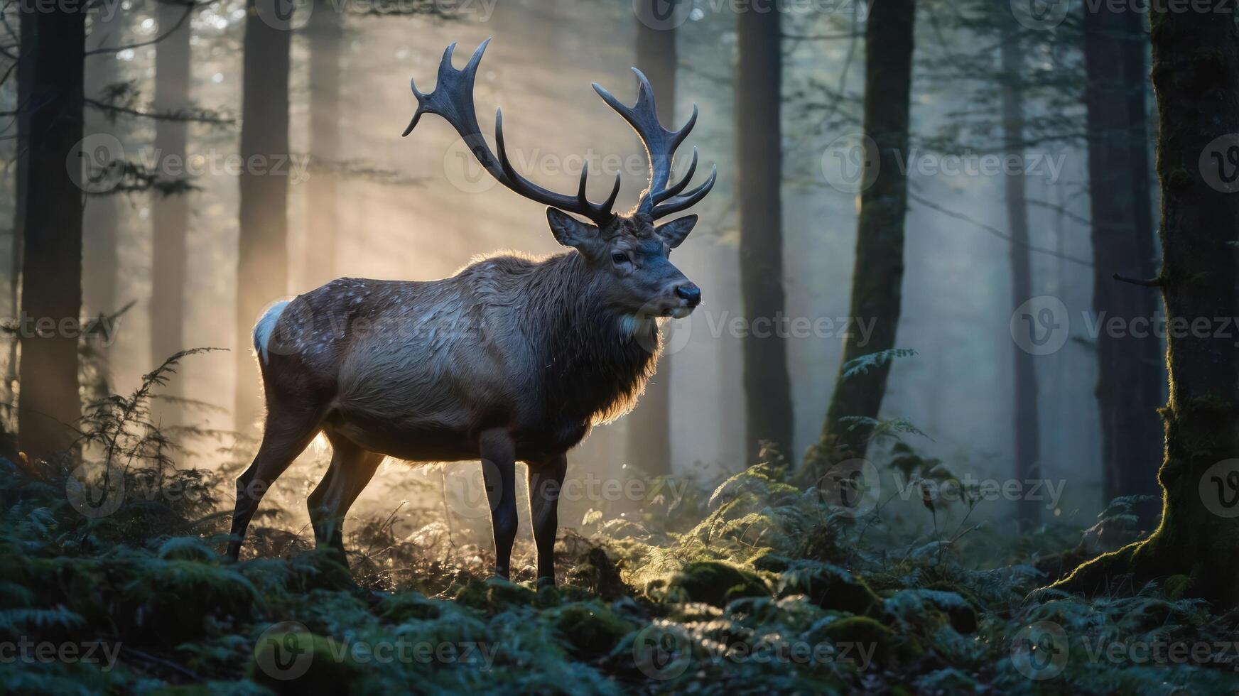 Standing Majestic Deer in Forest with Soft Sunlight Streaming Through Trees photo