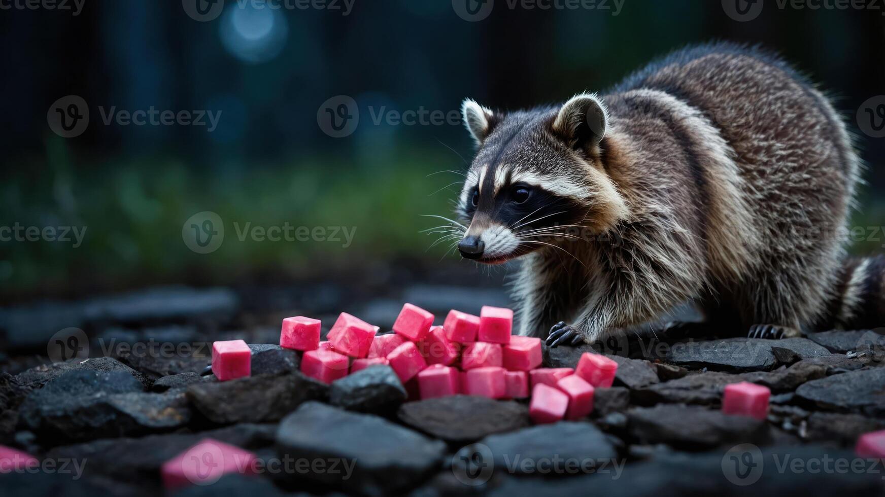 Raccoon Examining Pile of Pink Cubes on Rocky Ground Outdoors photo
