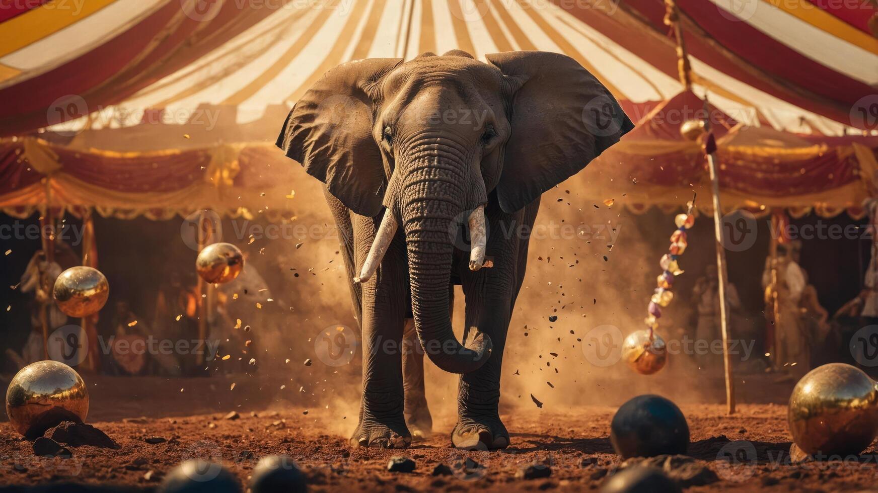 Elephant Performing in Arena with Tent Backdrop and Dust Particles photo