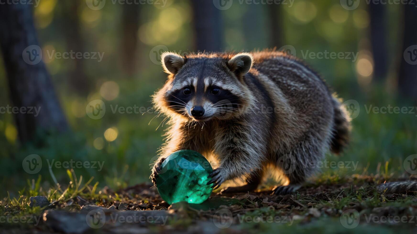 Raccoon Playing with Glowing Green Orb in a Forest Glade photo