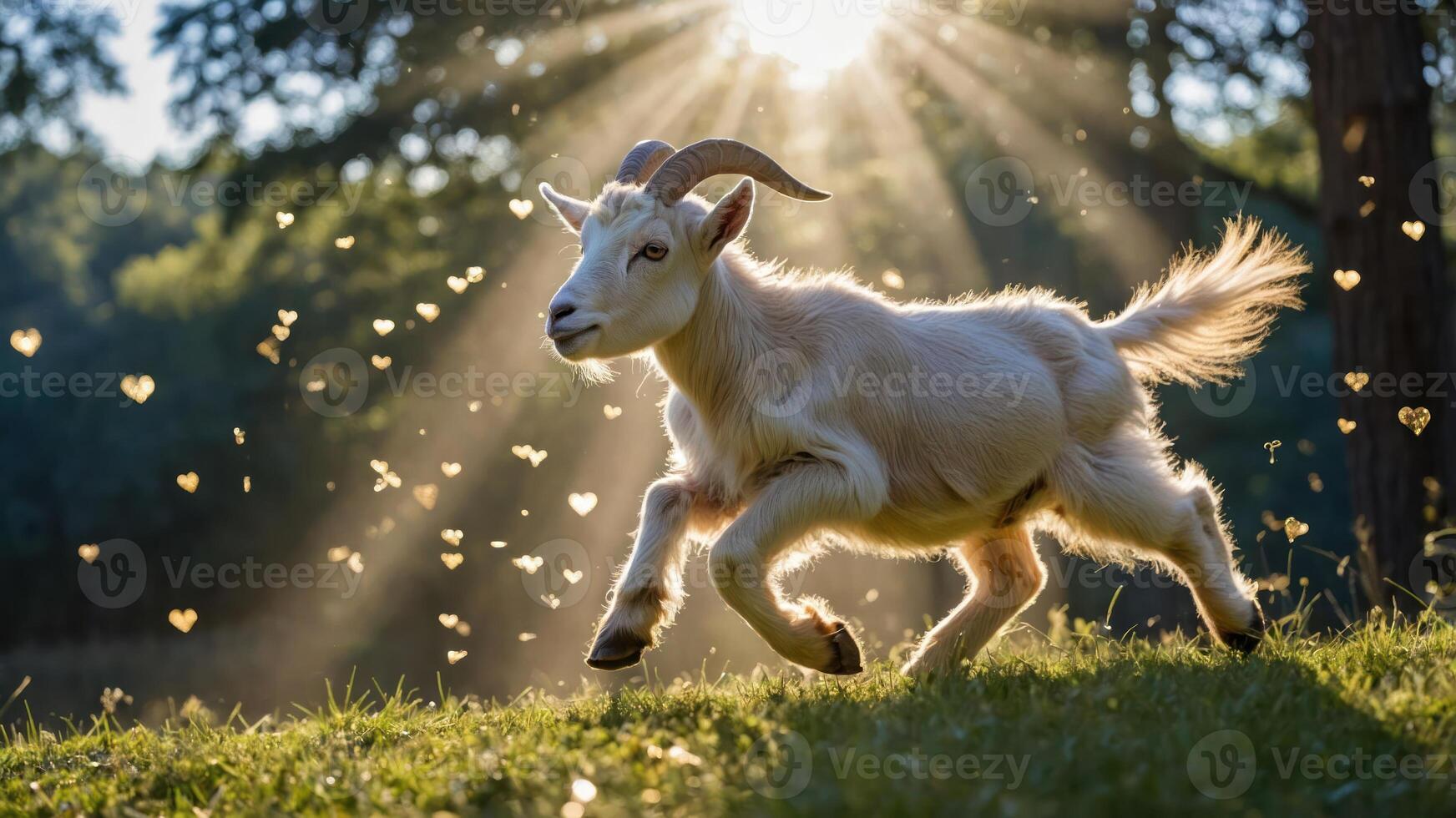Goat Running on Hillside with Sunlight and Hearts Graphic Overlay photo