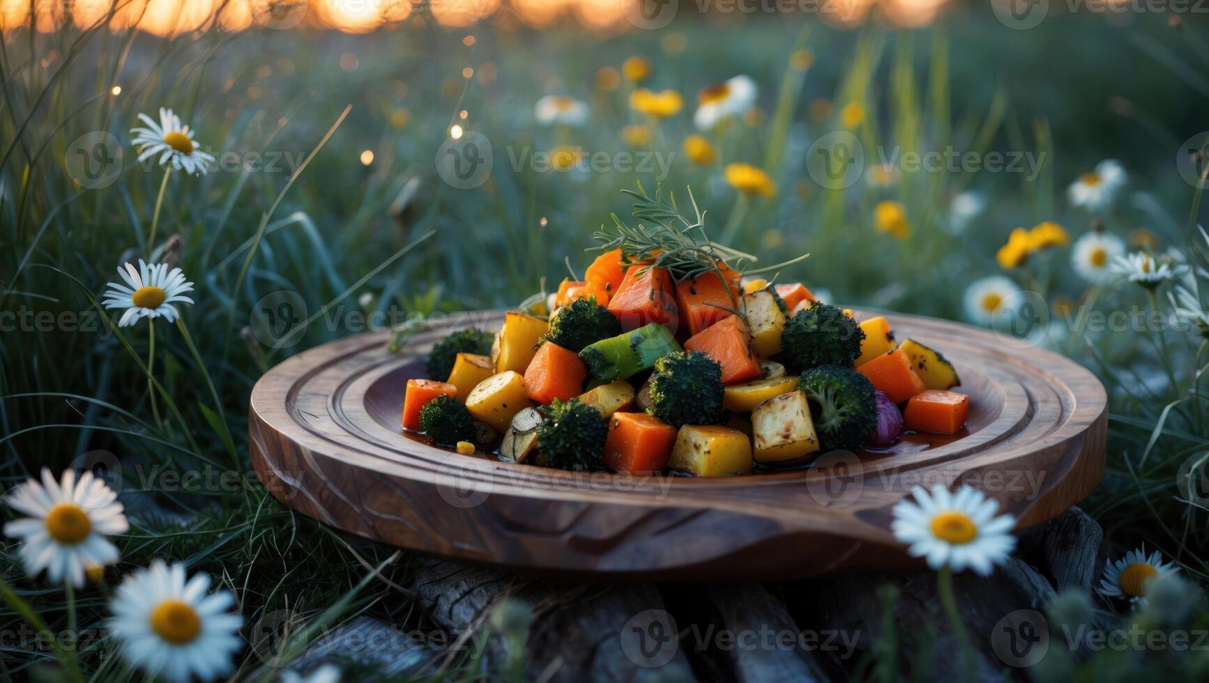 Roasted Vegetable Medley on Wooden Plate in Meadow Setting photo