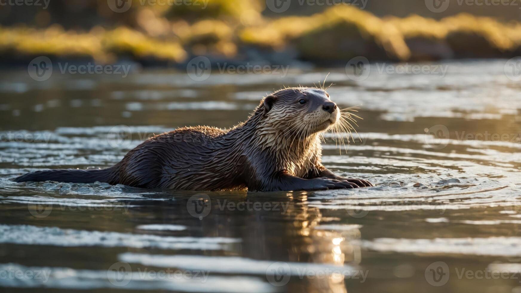 Otter Swims in Calm Water at Golden Hour with Reflected Light photo