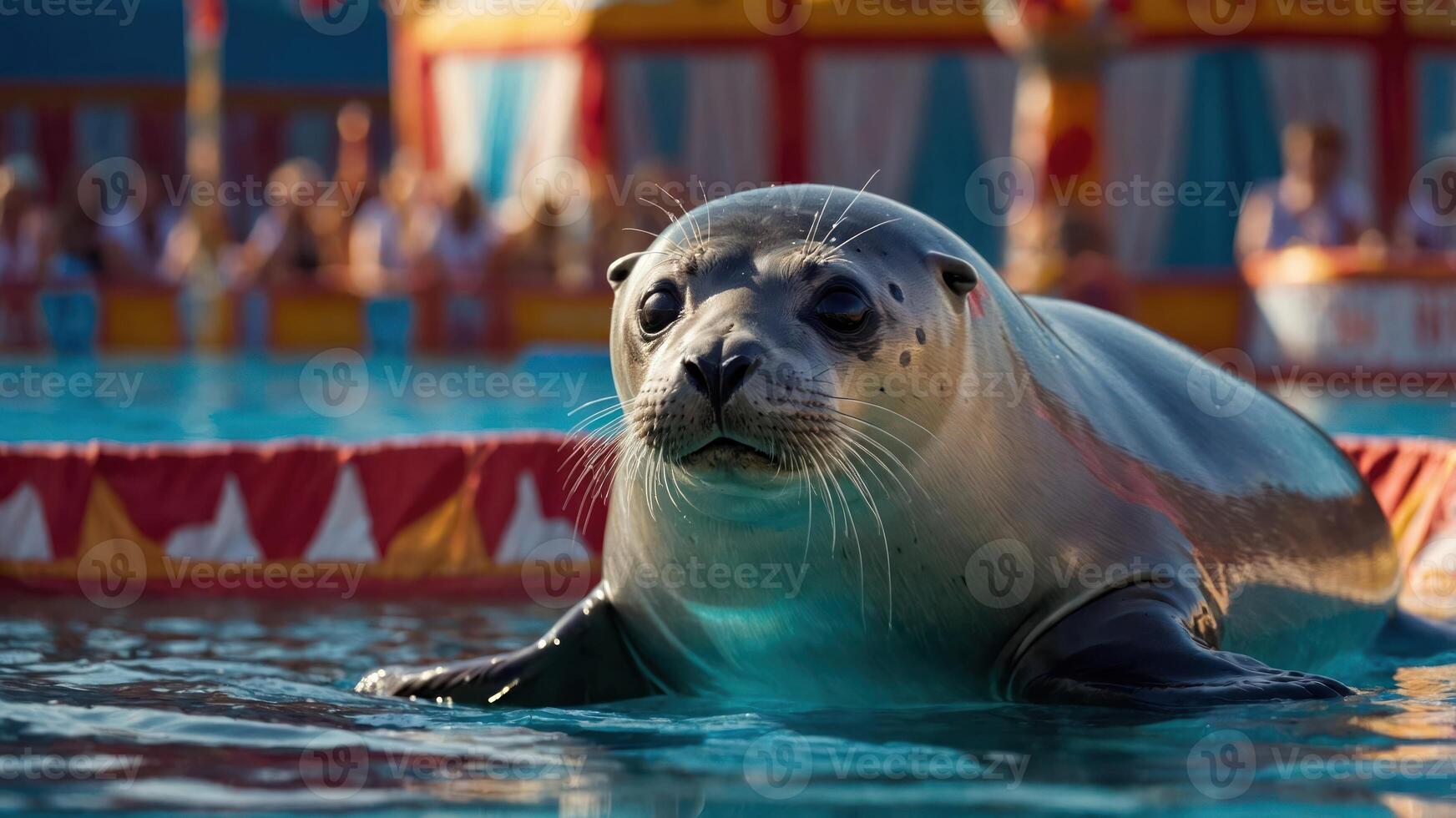 Seal Posing in Water with Circus Tent in Background Showing Performance photo