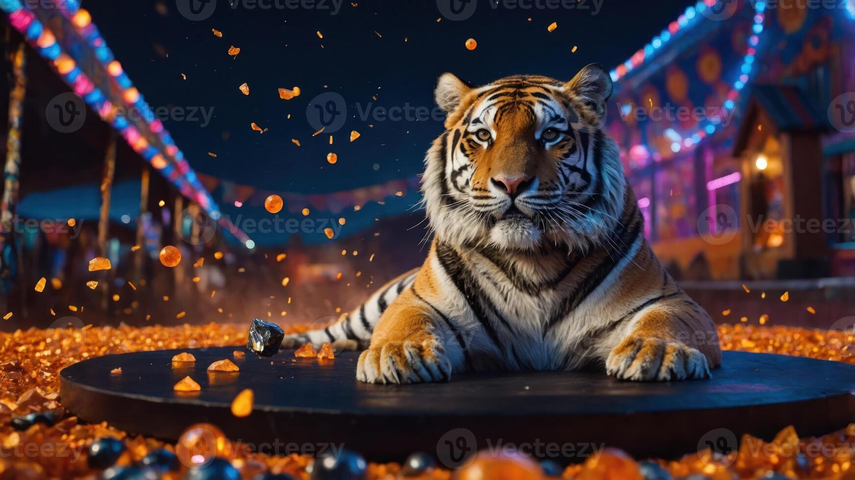Resting Tiger with Festive Lighting and Colorful Decoration photo