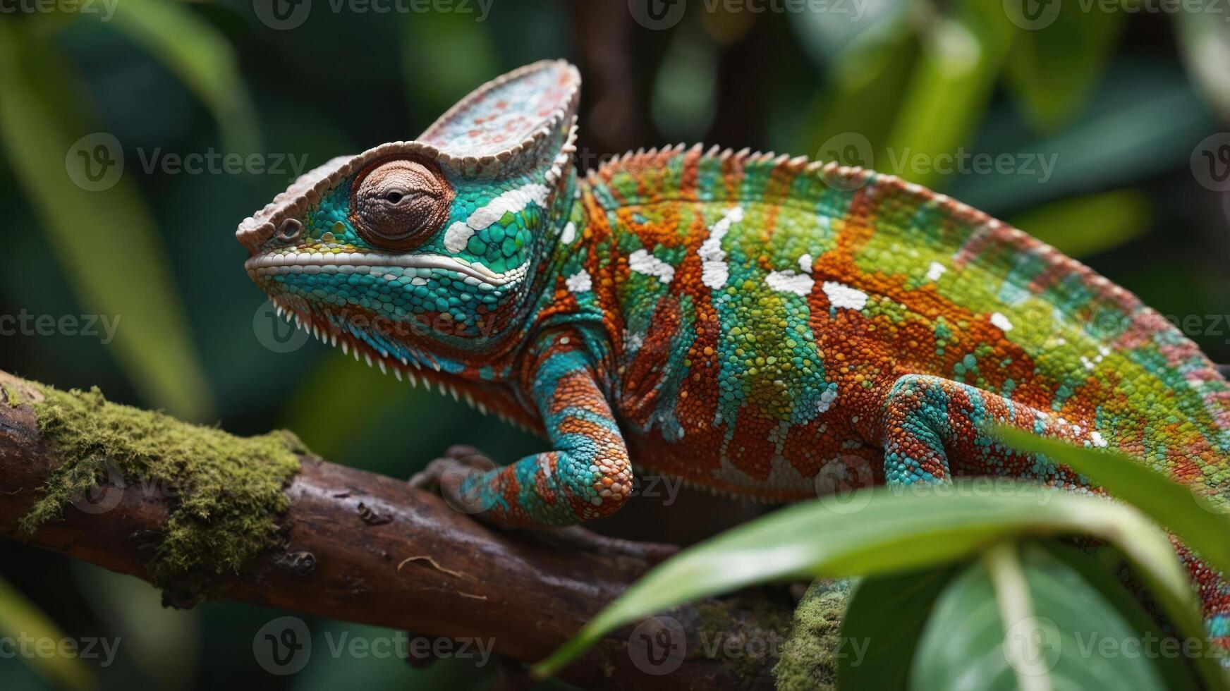 Colorful Chameleon Resting on Mossy Branch in Lush Jungle Setting photo