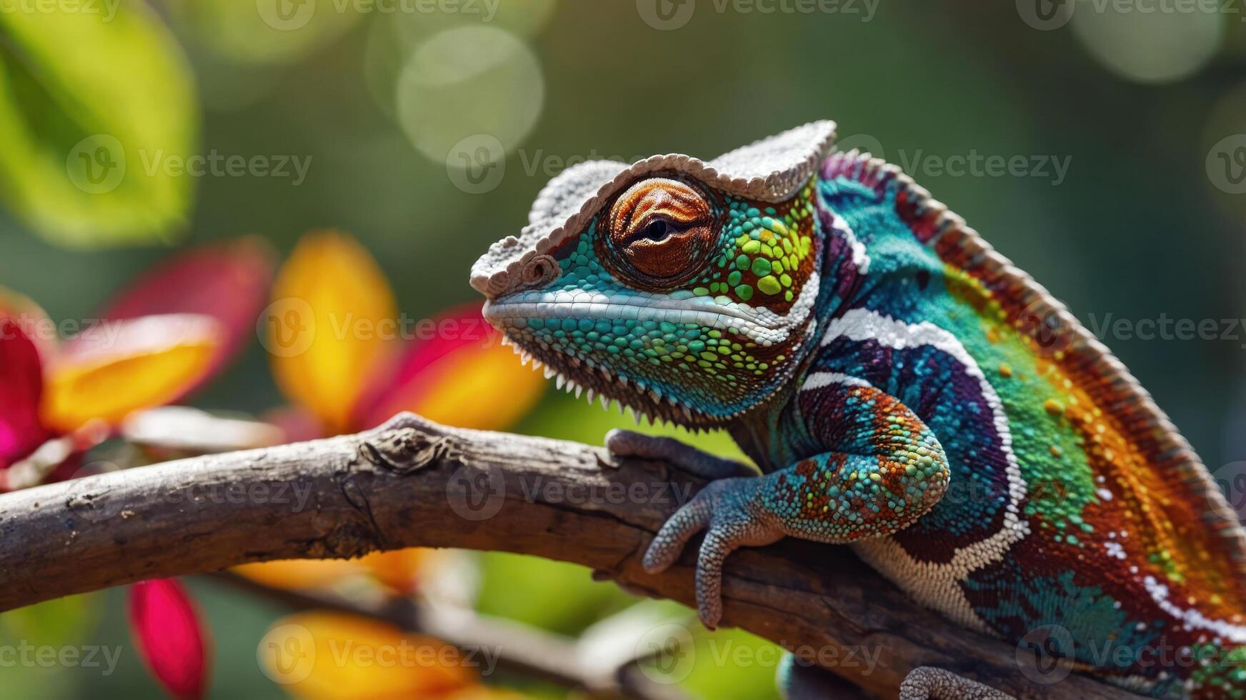 Colorful Chameleon Resting on Branch Blends with Lush Greenery Backdrop photo