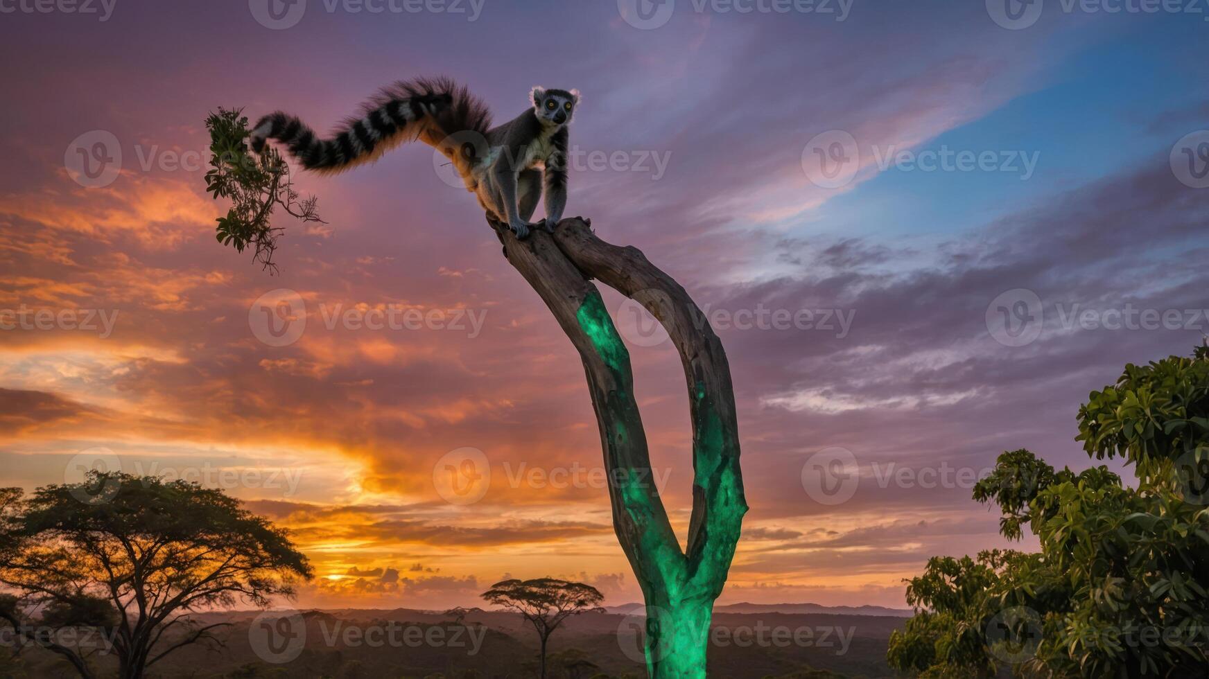 Lemur Observing the Sunset From a Tree in Madagascar photo