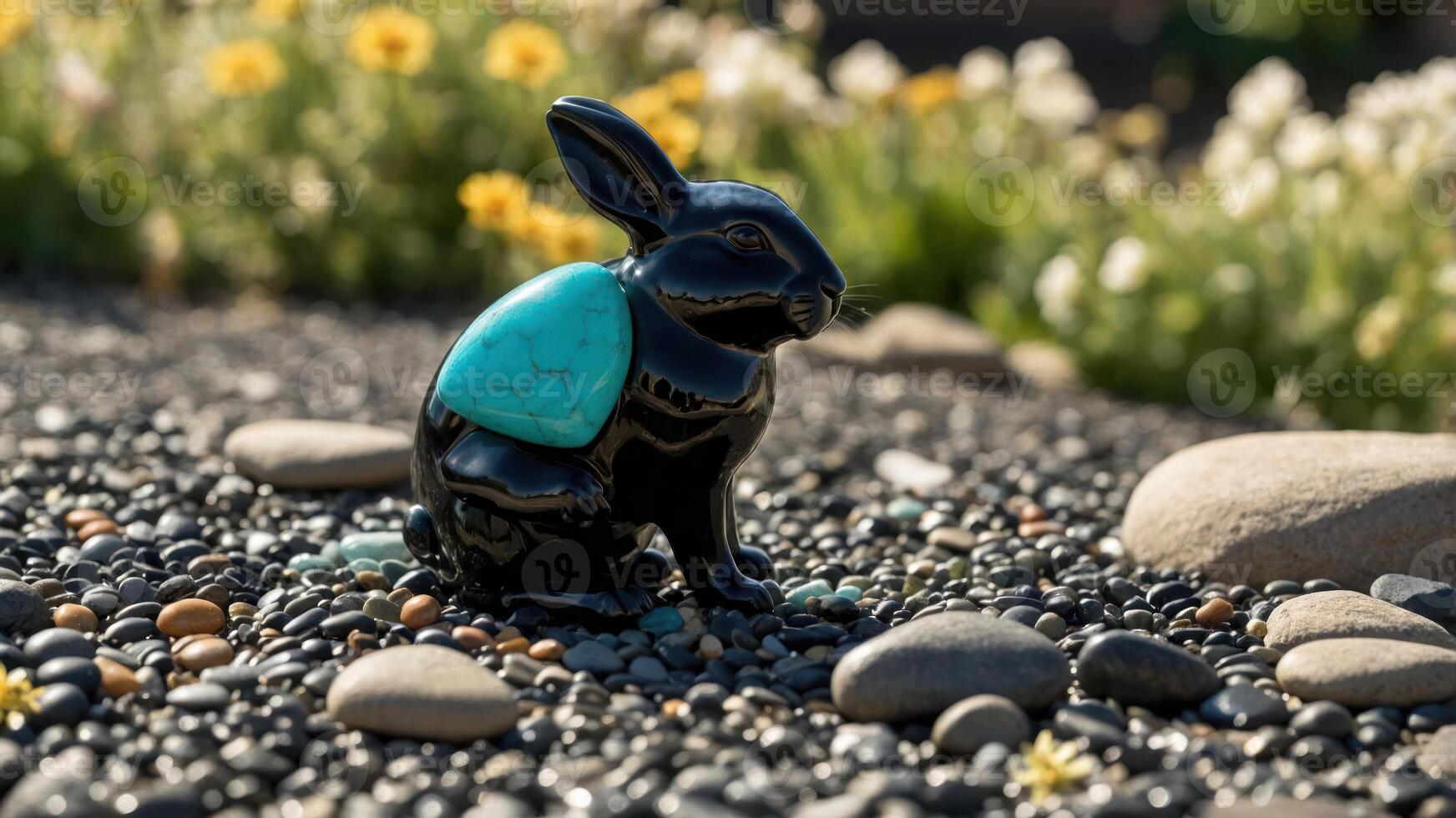 Rabbit Figurine with Turquoise Stone Sitting on Rocks with Garden Backdrop photo