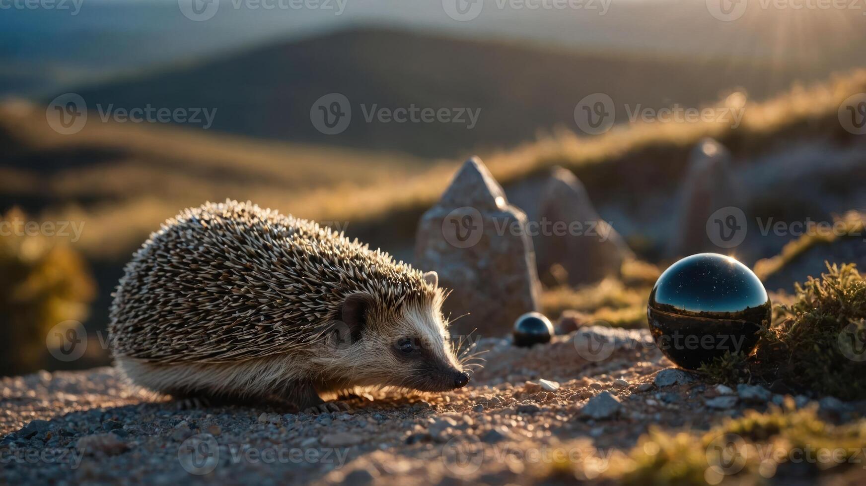 Hedgehog Exploring the Hillside with Stones and a Reflective Sphere photo