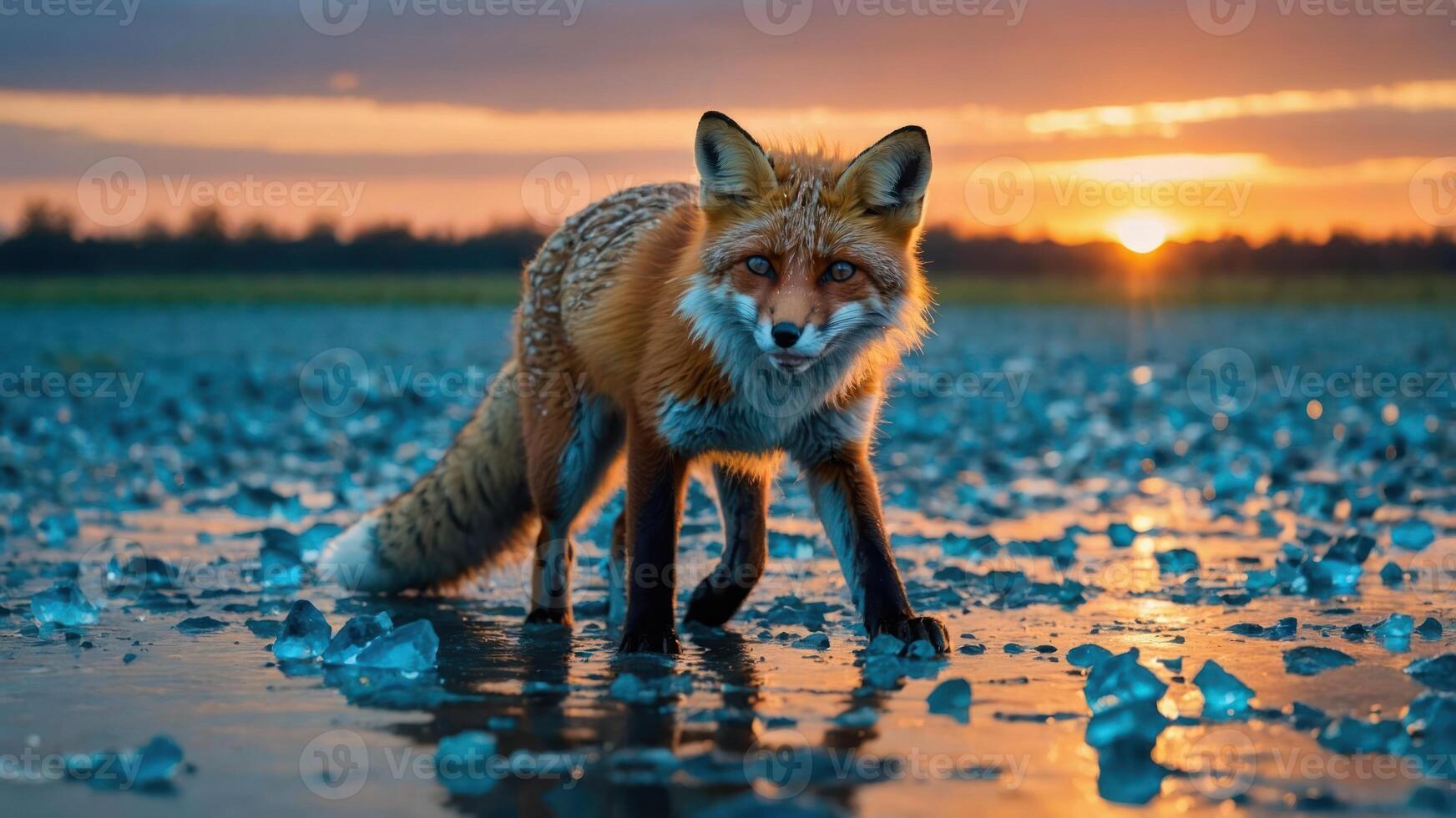 Fox Walking Across Icy Field at Sunset with Dramatic Sky photo