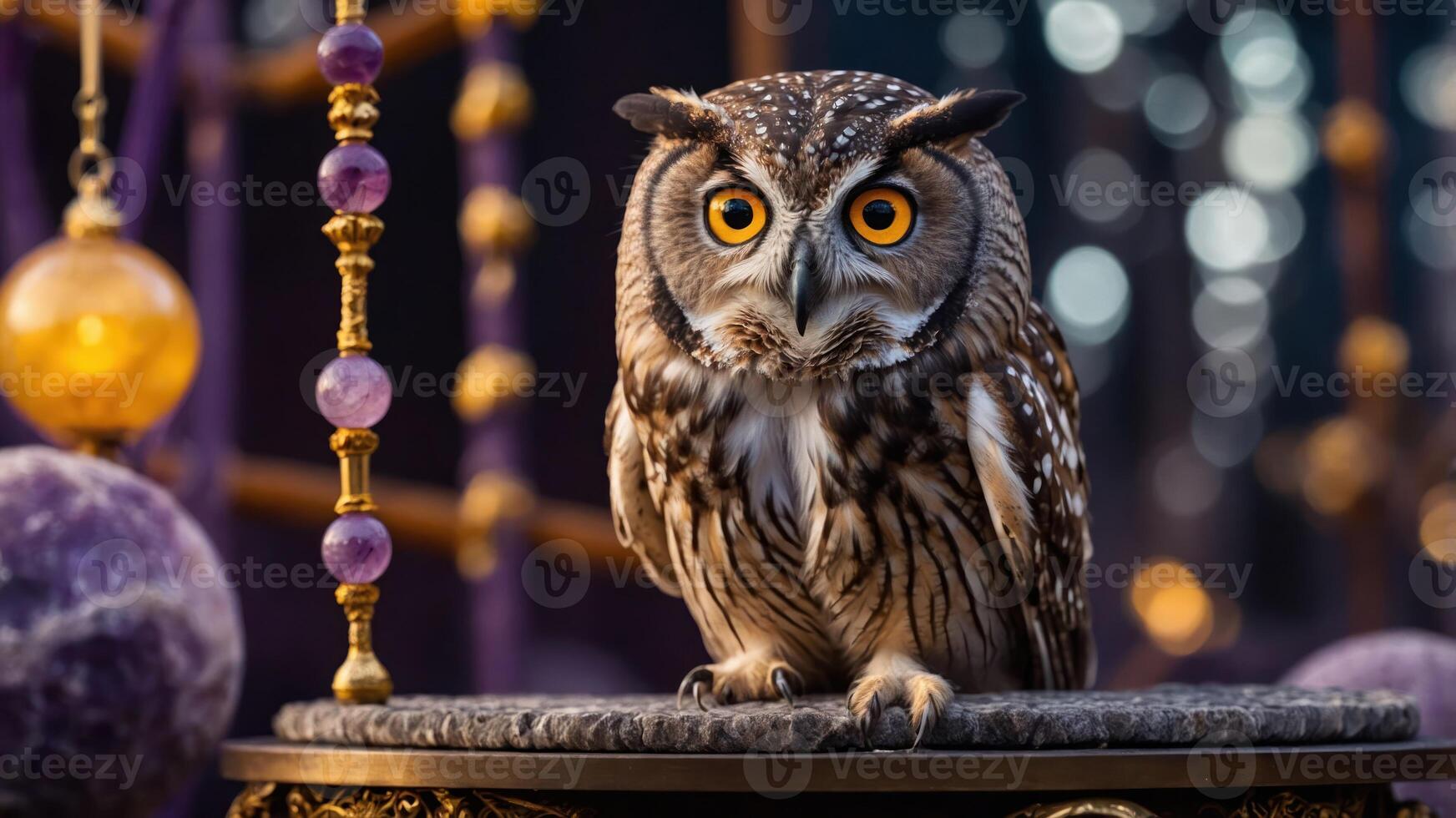 Owl Sitting on Platform with Decorative Ornaments in Soft Lighting photo