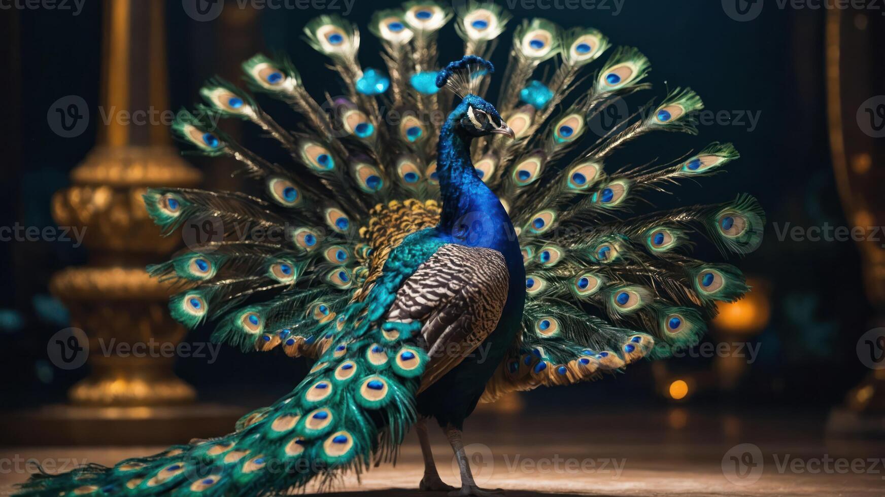 Peacock Displaying Feathers with Intricate Details on Ornate Background photo