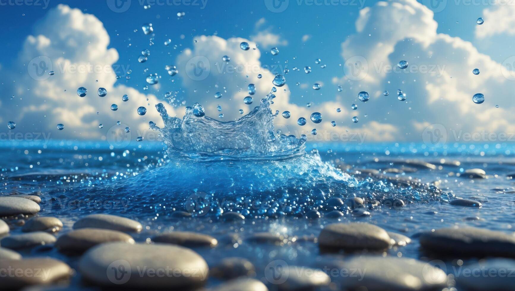 Water Splashing in Ocean with Rocks and Sky for Serene Scene photo