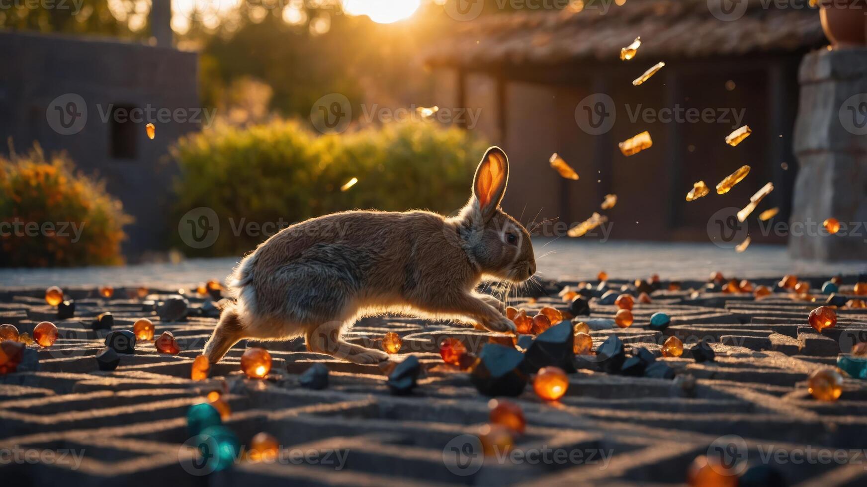 Rabbit Running in Garden at Sunset with Amber and Teal Accents photo