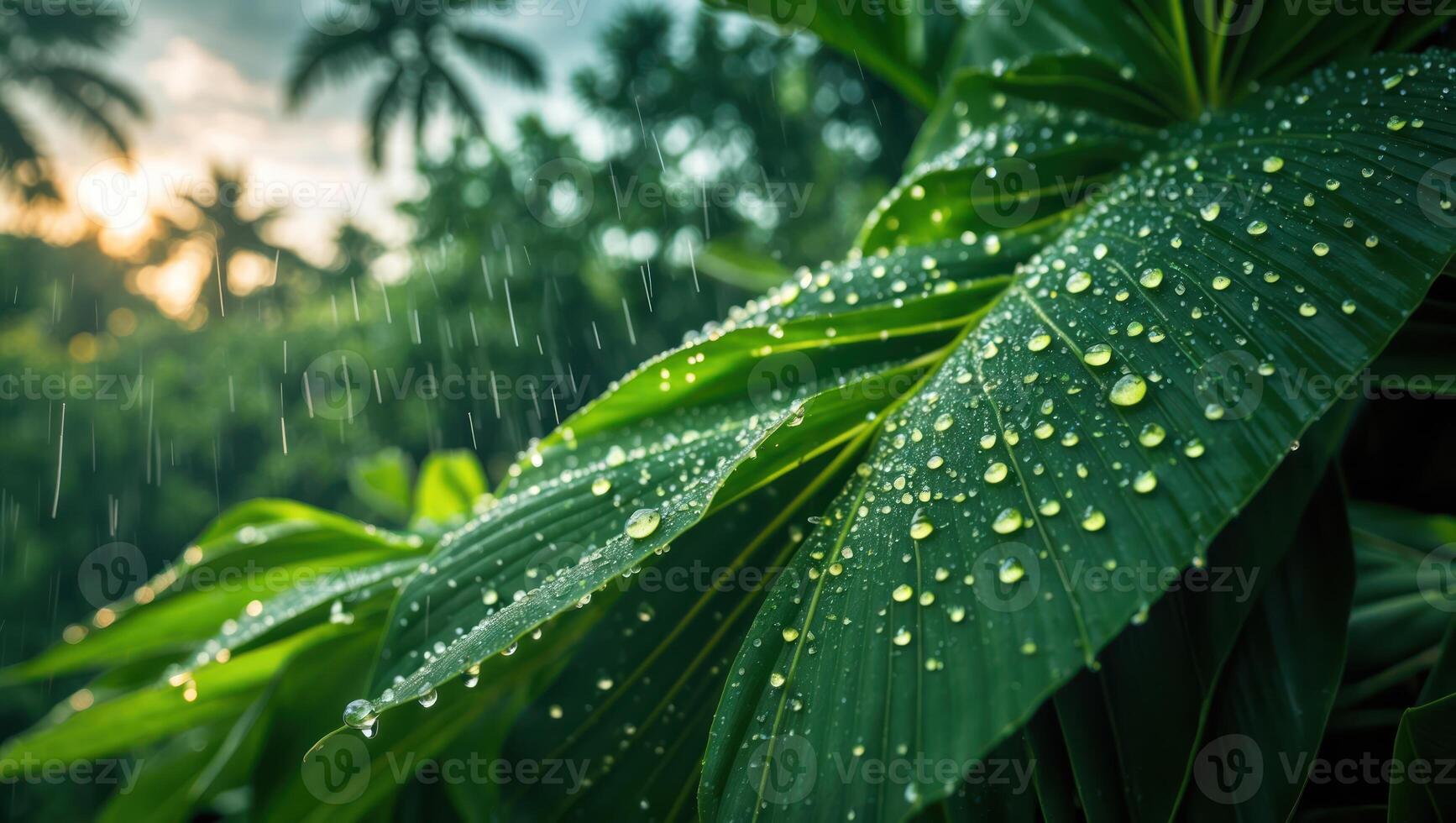 Rain Falling on Green Leaves with Water Droplets in Tropical Setting photo