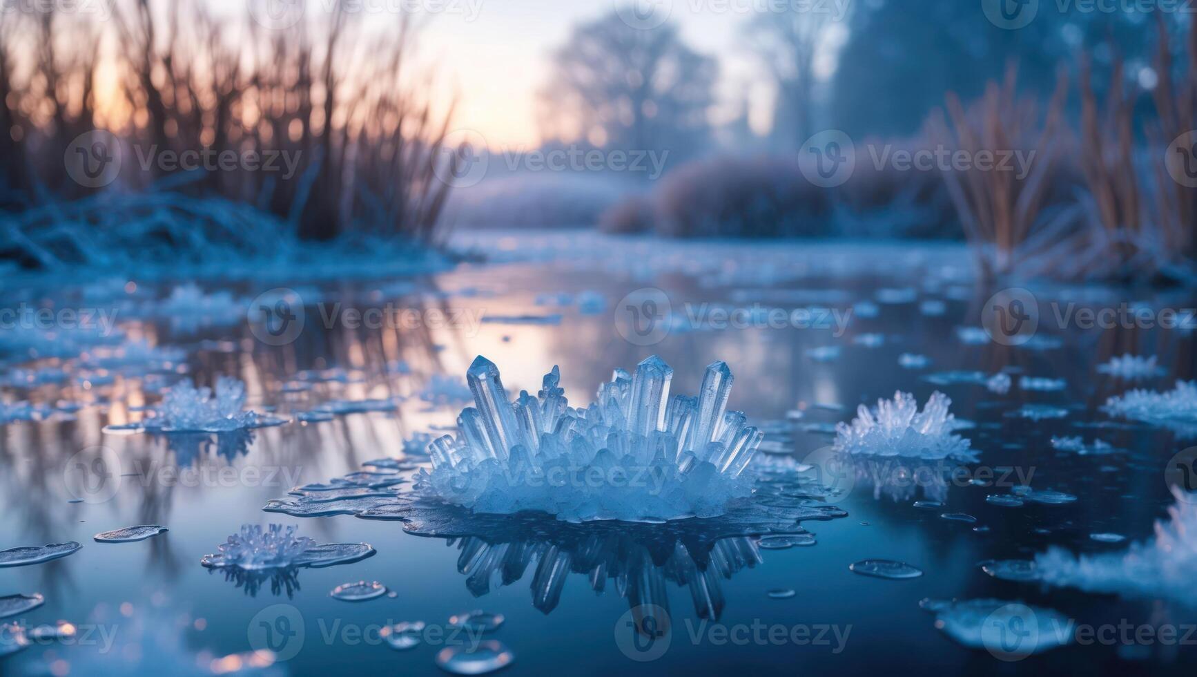 Ice Crystals Floating on Water Surface at Dusk Creates Winter Scene photo
