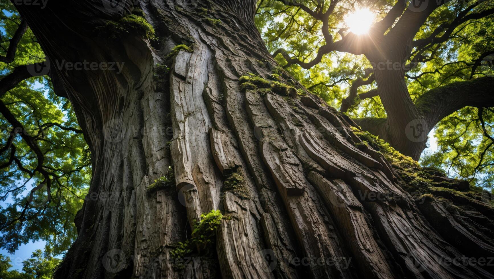 Looking Up at Majestic Tree Trunk with Sunlight Filtering Through Canopy photo