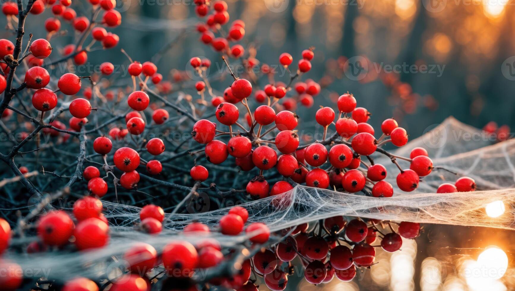 Red Berries Growing on Bush with Spiderweb in Soft Sunlight photo