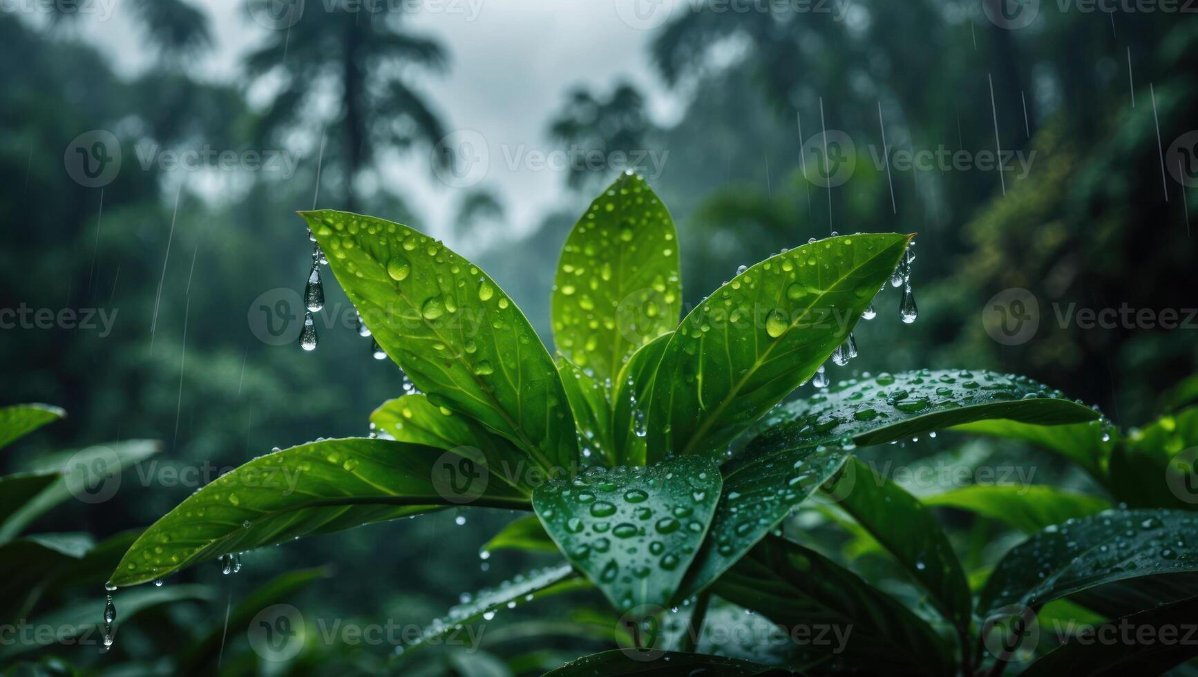 Green Plant Leaves Displaying Rain Drops in Lush Forest Environment photo