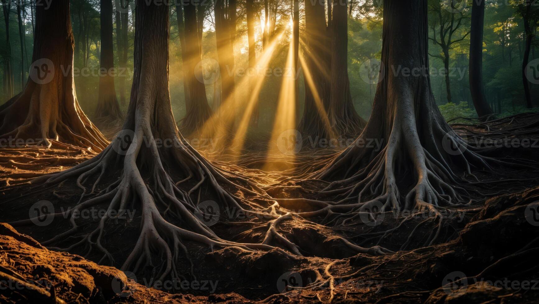Sunlight Streaming Through Forest Canopy Illuminating Exposed Tree Roots photo