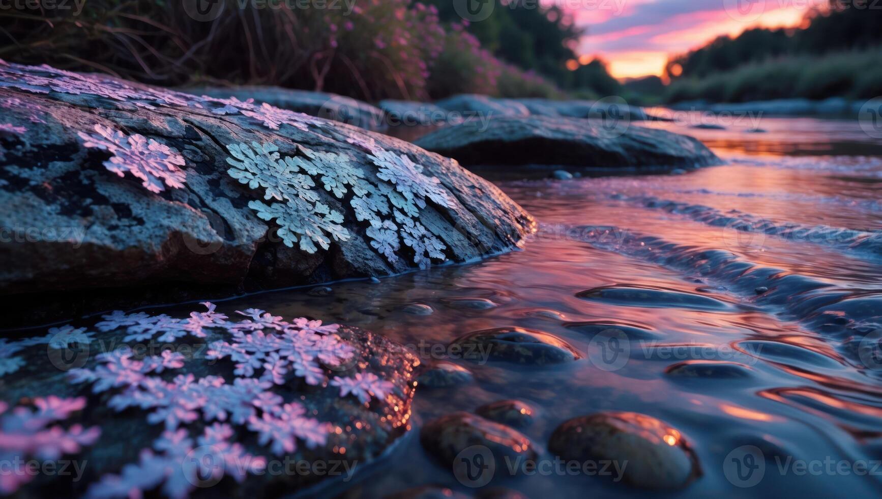 Rocks in River at Sunset with Pink and Orange Sky Reflection photo